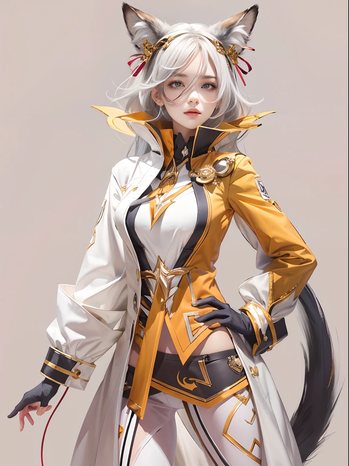 profile,Charter layout,full bodyesbian,Stand and pay attention,view the viewer,putdownhands,Fox girl,Flashy clothes,Detail Clothing,White background,
