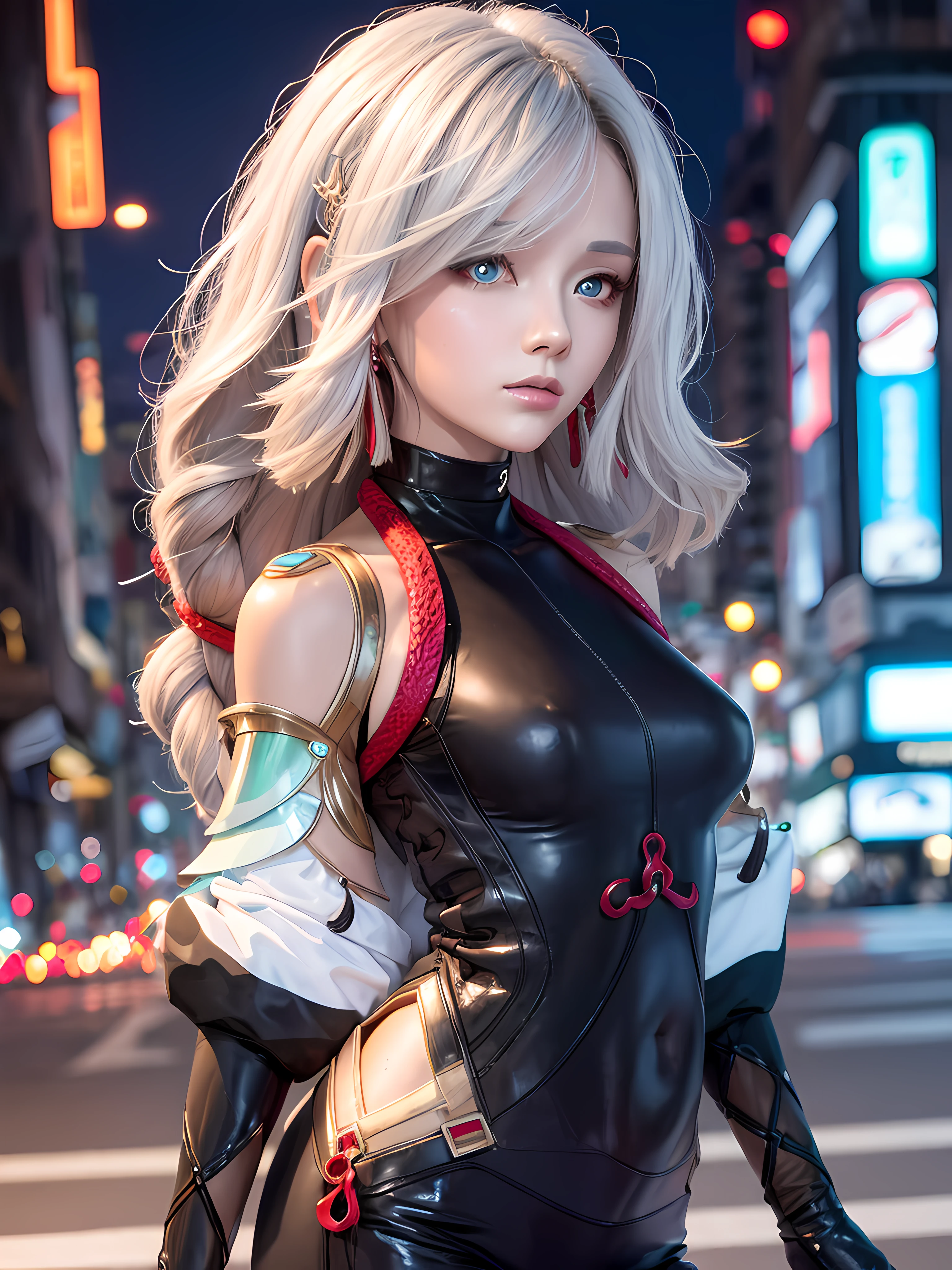 Standing on the street at night, shy, beauty spot on chin, side pose, small mole on chin, blushing, neon lights, detailed background, raining, long sleeves, neck choker with necklace, long necklace, evil look, white hair, detailed digital anime art