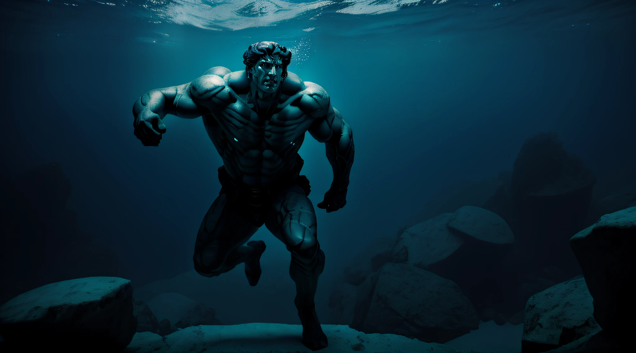 A realistic full-length Greek white marble statue of Hercules, solo, wearing a ghostly tunic, very neutral background, Moody, bright lights, underwater scene, bottom of the ocean, weak flashes of light cross the water, blue color grade, blue color correction, low background luminosity, photorealistic, cinematographic scene, super detailed, hyper realistic, STATE-OF-THE-ART, MASTERPIECE, BEST QUALITY, 8K