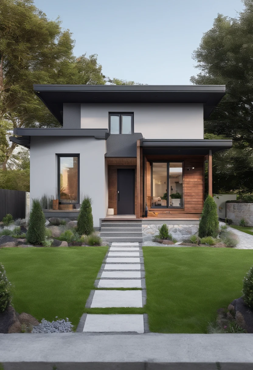 Single story, bungalow, Irish house, front view, about 86 square meters, slate roof, single front door, windows on either side, wide open front yard, surrounded by stone wall