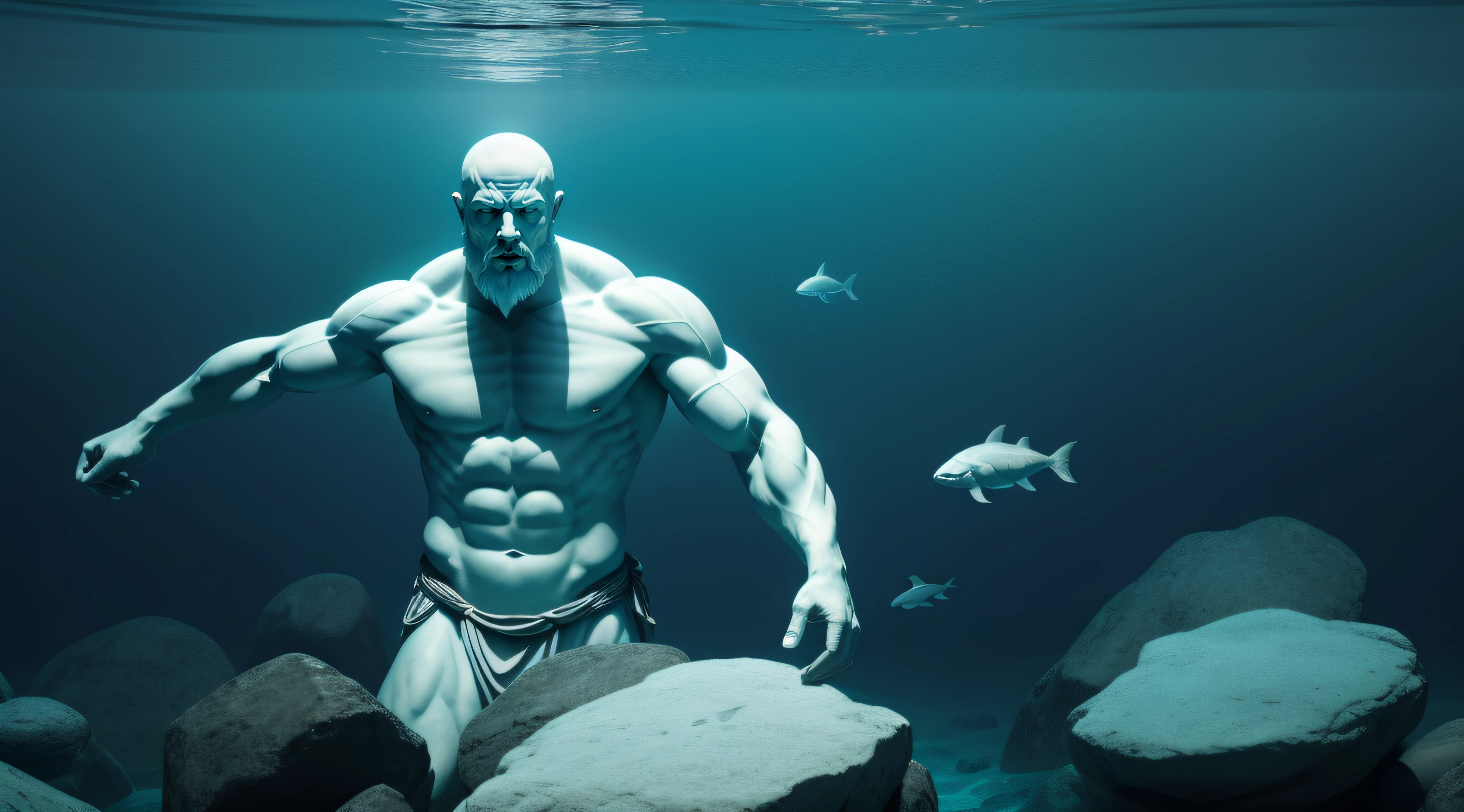 A realistic full-length Greek white marble statue of a jacked stoic, solo, wearing a ghostly tunic, very neutral background, Moody, bright lights, underwater scene, bottom of the ocean, weak flashes of light cross the water, blue color grade, blue color correction, low background luminosity, photorealistic, cinematographic scene, super detailed, hyper realistic, STATE-OF-THE-ART, MASTERPIECE, BEST QUALITY, 8K