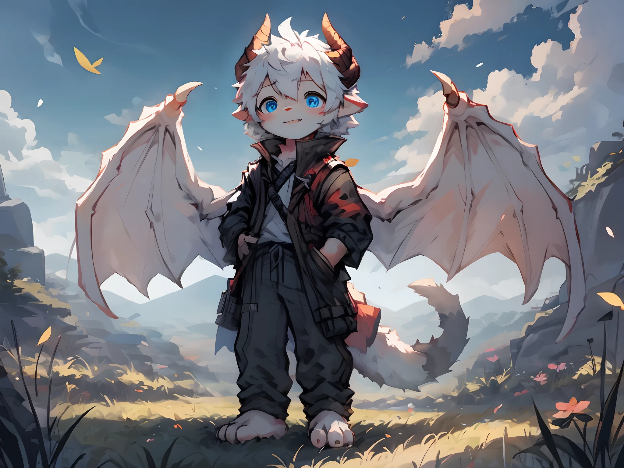 （Shota，white color hair，toddlers，Blue eyes，Libido boy，mascle）Dragon's horn，adolable， standing on your feet， Master masterpieces， A high resolution，8K，detailedbackground，high high quality，独奏，shorter pants，grassy fields，white blossoms，falling leaf，​​clouds，setting sun，Shy，wide wide shot，（独奏，solo person），Dragon wings