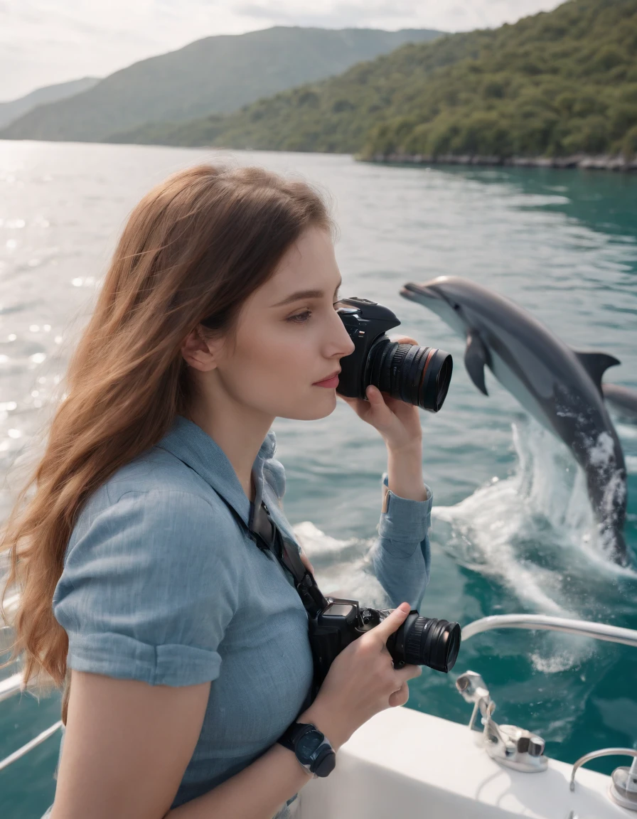 girl with a camera watching a group of dolphins aboard a boat, in the style of photo-realistic landscapes, high quality photo,(upper body)