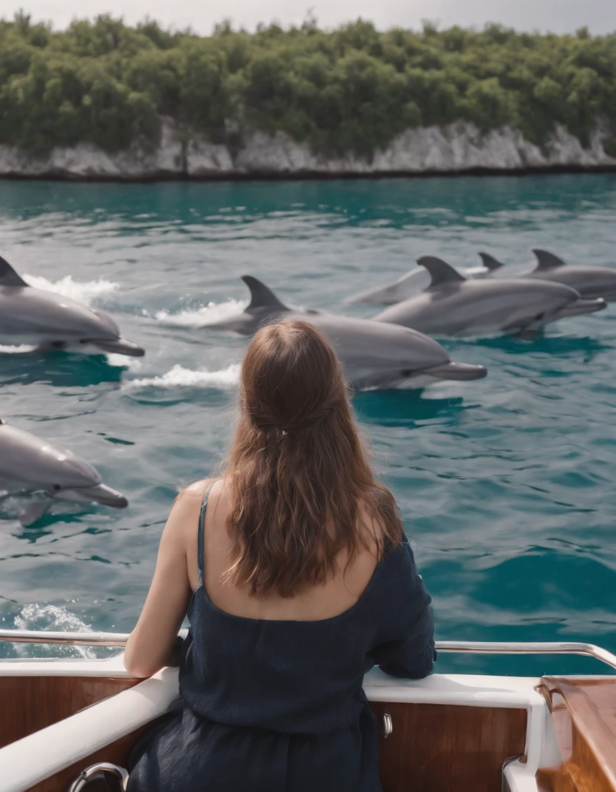 girl with a camera watching a group of dolphins aboard a boat, in the style of photo-realistic landscapes, high quality photo,(upper body)