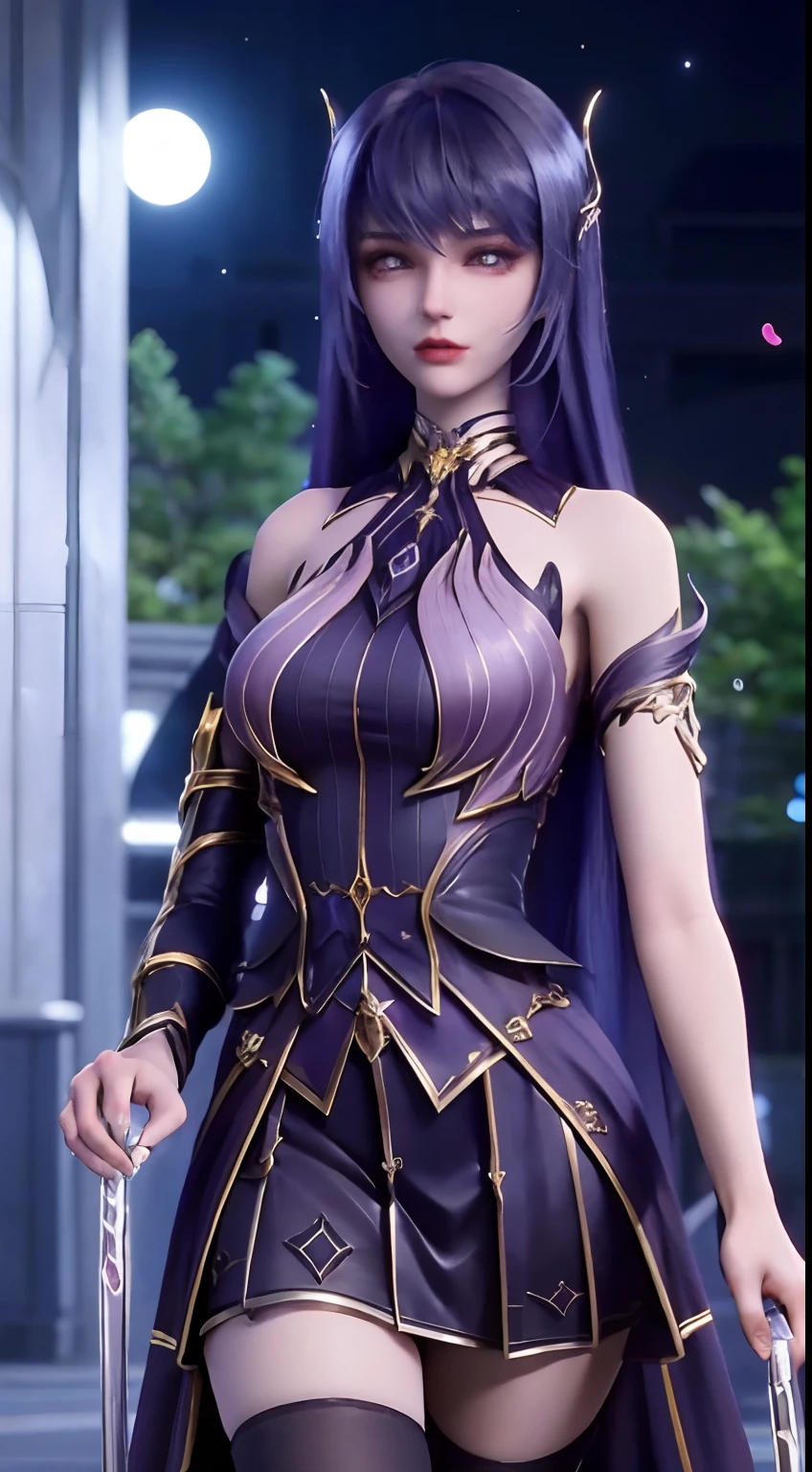 extreme closeup portrait of a pretty woman walking through the city, Beautiful girl alone、Black fluffy dress、off shoulders、a miniskirt、Black tights、rose garden、a moon