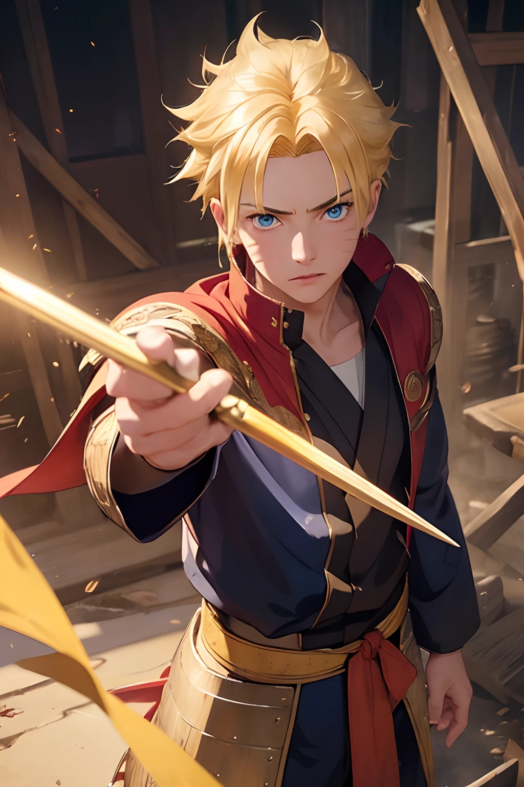 ((masterpiece))), (((best quality))), ((ultra-detailed)), (hyperrealistic), (highly detailed CG illustration), cinematic light, photorealistic ,extremely handsome young man, light makeup, short yellow hair, Uzumaki Naruto, blue eyes,  intricate detailed eaba, red cape, spear,cool boy