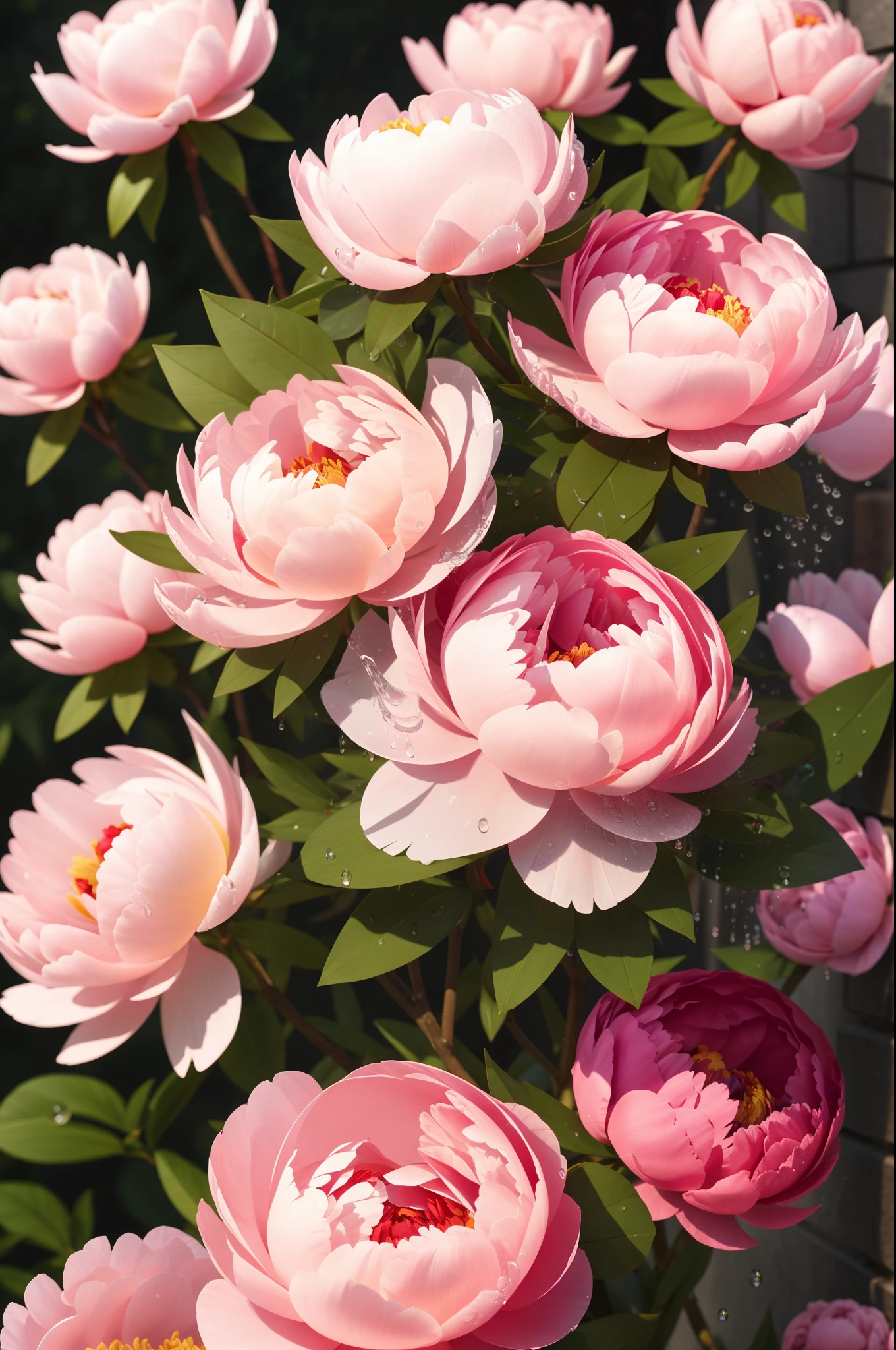 flower peonies blooming wallpaper,in the style of vray tracing,fanciful,dreamlike imagery,dreamlike naturaleza,dmitry spiros,uhd image,water drops,realistic yet ethereal
