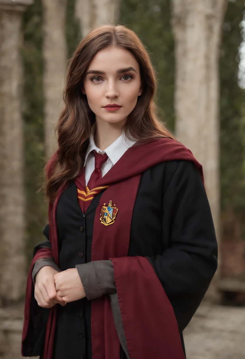 Arad woman in Harry Potter robes(((medium close-up))),1girl in,8K, Raw photography, top-quality, masterpiece, realisitic,Robes,wearing black wizard robes, Gryffindor, magic school uniform, wearing robes and neckties, hogwarts style, wearing red sorcerer's robes, High quality clothing, (Canon EOS 5D Mark IV Camera, Famous for capturing vibrant colors and rich textures:1.2)
