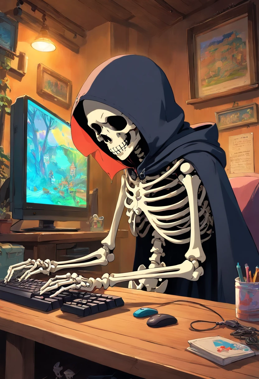 Horror (theme), signboard, table, food, window, chair, bone, traditional media, sitting, piano, solo, spaghetti, skeleton, mirror floor lamp, surrealism, long sleeves, shirt, monster
