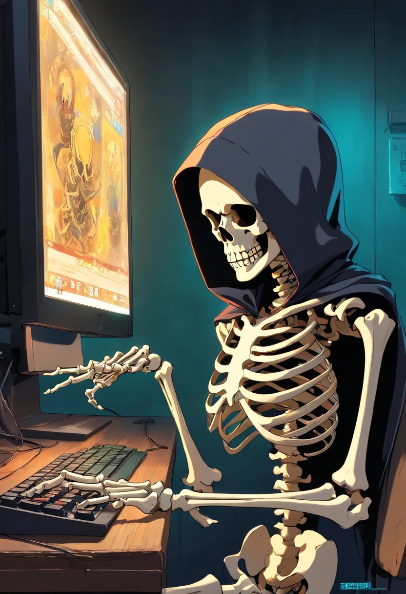 A skeleton with a black hood streams the game on the computer