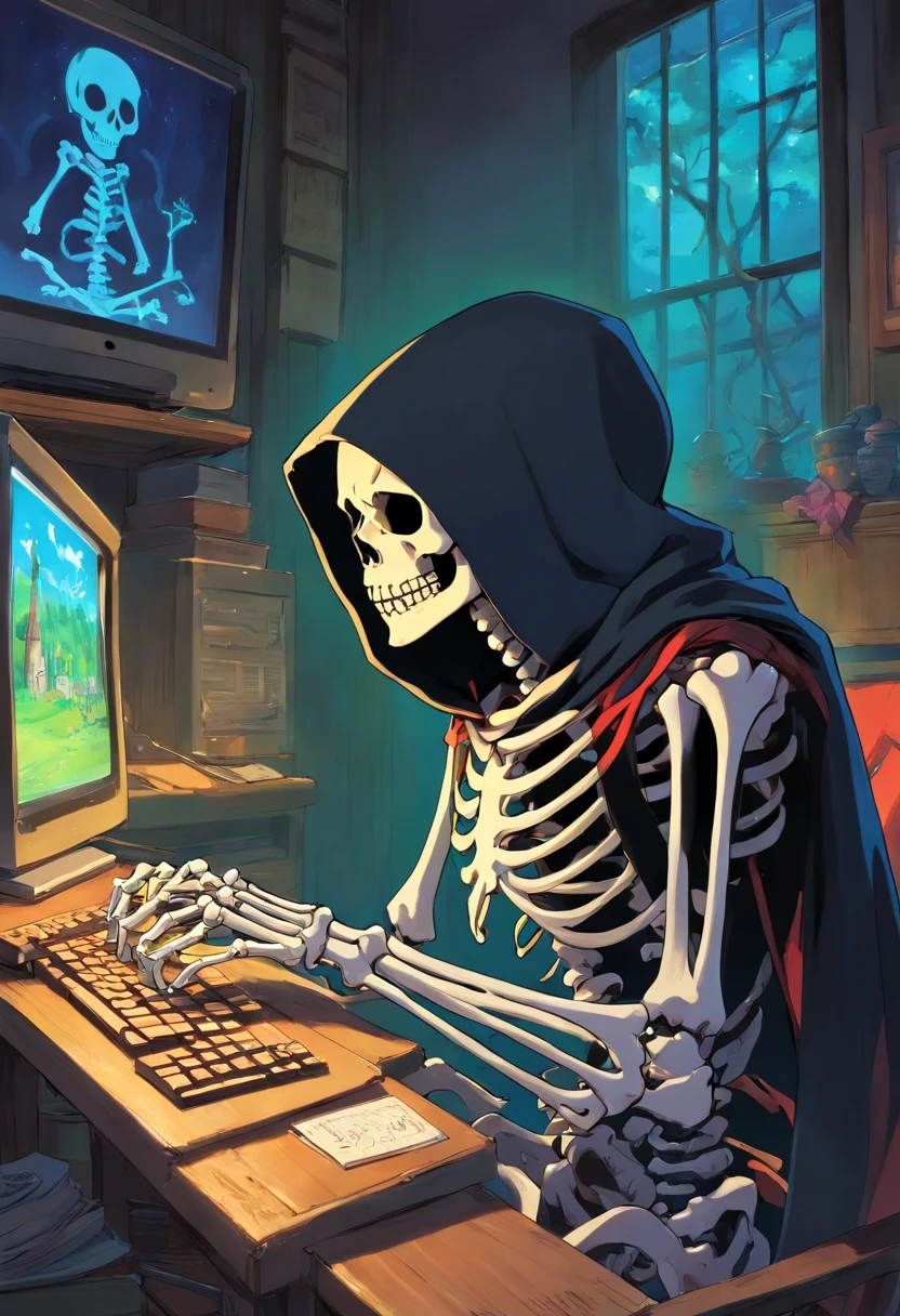 A skeleton with a black hood streams the game on the computer