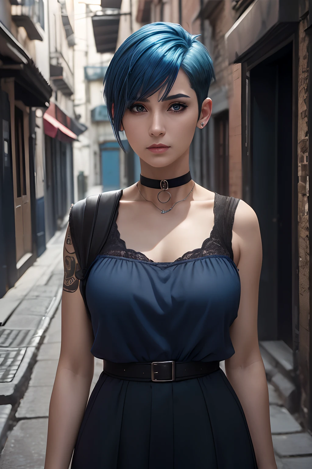 1 woman, (standing), (full body), European, realistic photo, (30 years), ((undercut blue hair)), (emo blue hair), undercut hair, perky chest, (big nose), adult lady, mature lady, (black eye-liner), ((dark eyes)), ((light Blue Hair)), ((undercut Hair)), (black choker), fair white skin, perfect pale skin, (centered), (film grain: 1.4, hyper-realistic: 1.5), around dark, deep shadow, Discreet key, realism, detailed face, ((In alley)), (waiting for someone),
