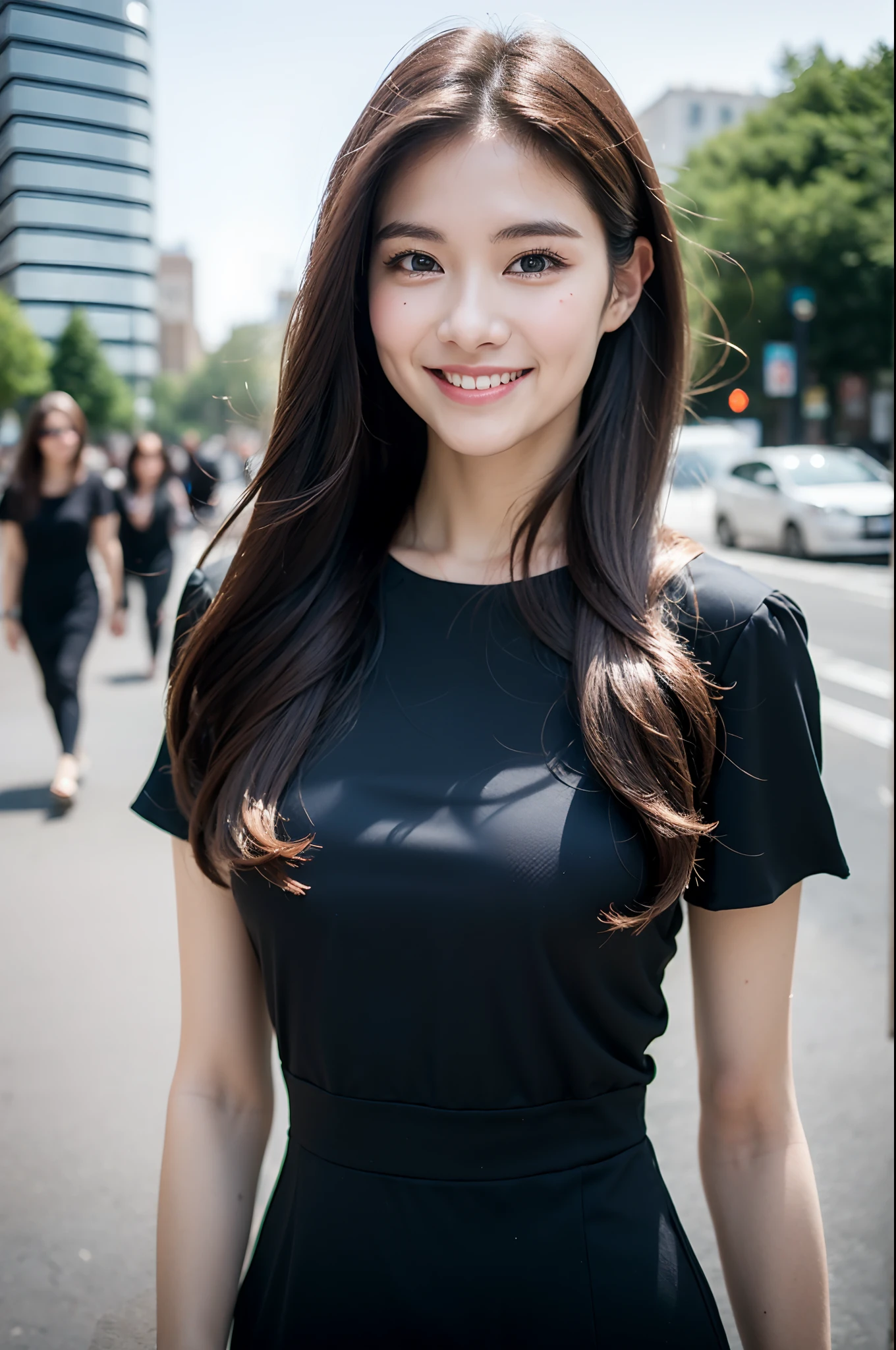 ((Best quality, 8k, Masterpiece :1.3)), 1girl, smiling, full body, slim face, Pretty woman, (Dark brown hair), full length dress :1.1, Ultra-detailed face, Detailed eyes, Double eyelid, blur background, slim face, city, outside, street,