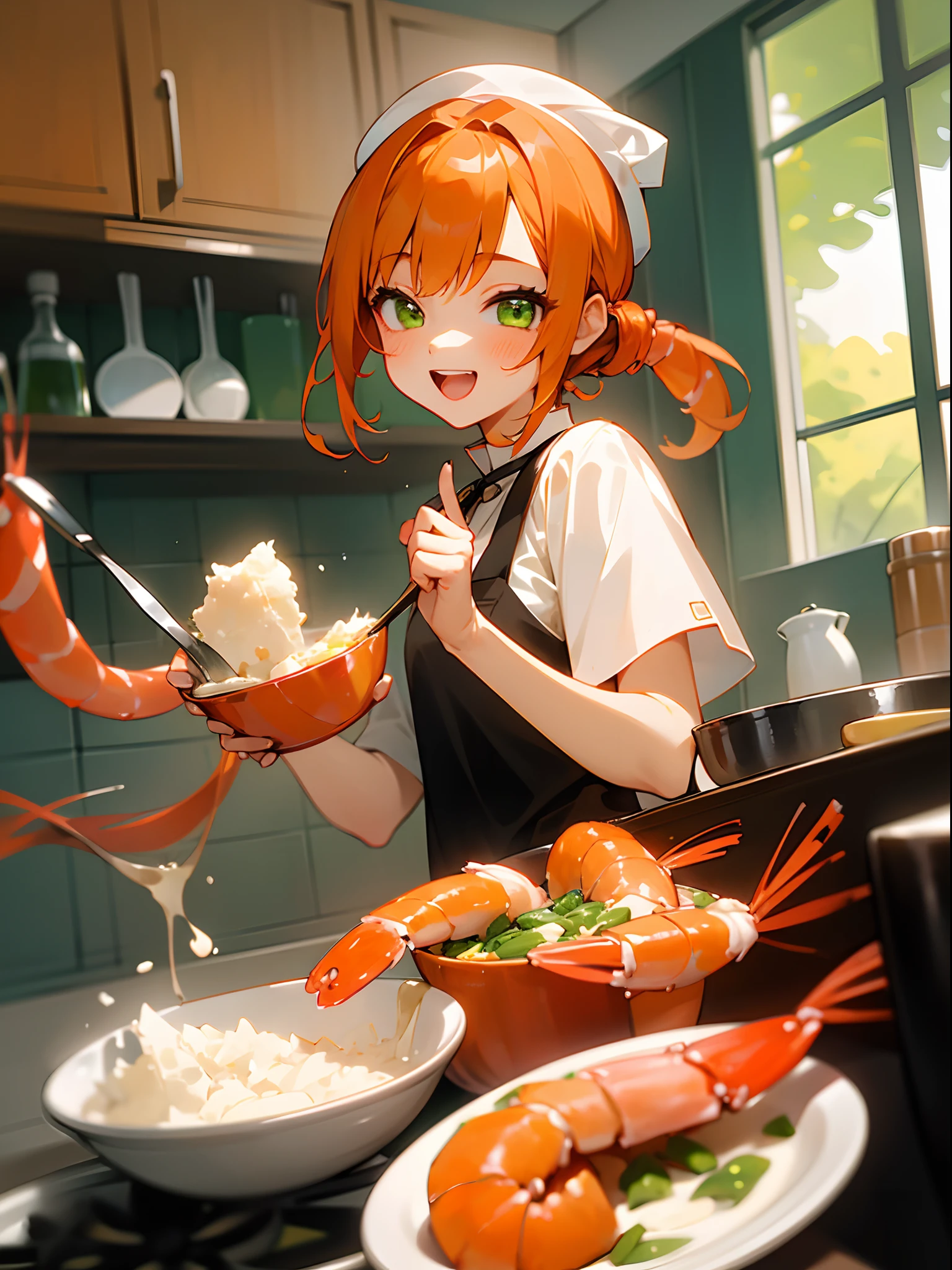 (1girl in、独奏、Competing Art、Orange hair、Green eyes、Laugh、Cooking in the kitchen、Cooking shrimp on a plate)
