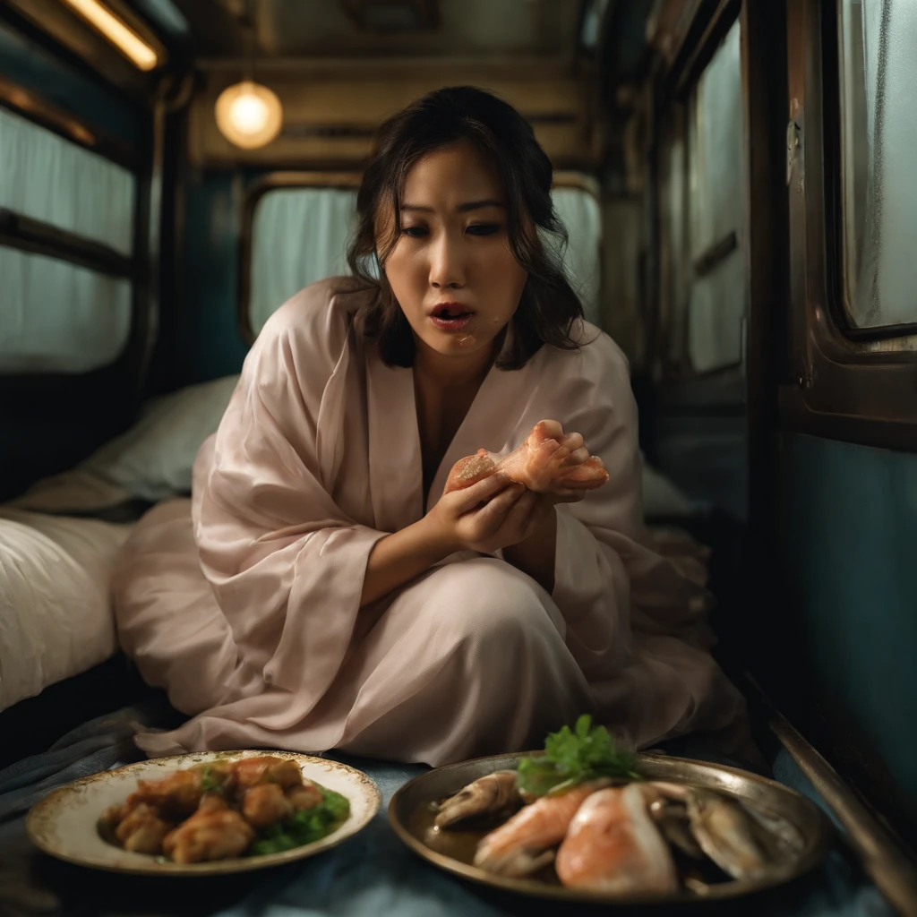 A hyper-realistic、Heavy downpouring rain、Woman's bedroom at night with dirty curtains closed due to large amounts of rotting internal organs, seafood, manure and vomit scattered in polluted and cloudy sewage flowing curving on the floor of the train.、Fat woman in her 20s Japan spits out a large amount of food and internal organs from her wide open mouth with a look of distress while her face is distorted by the stench.