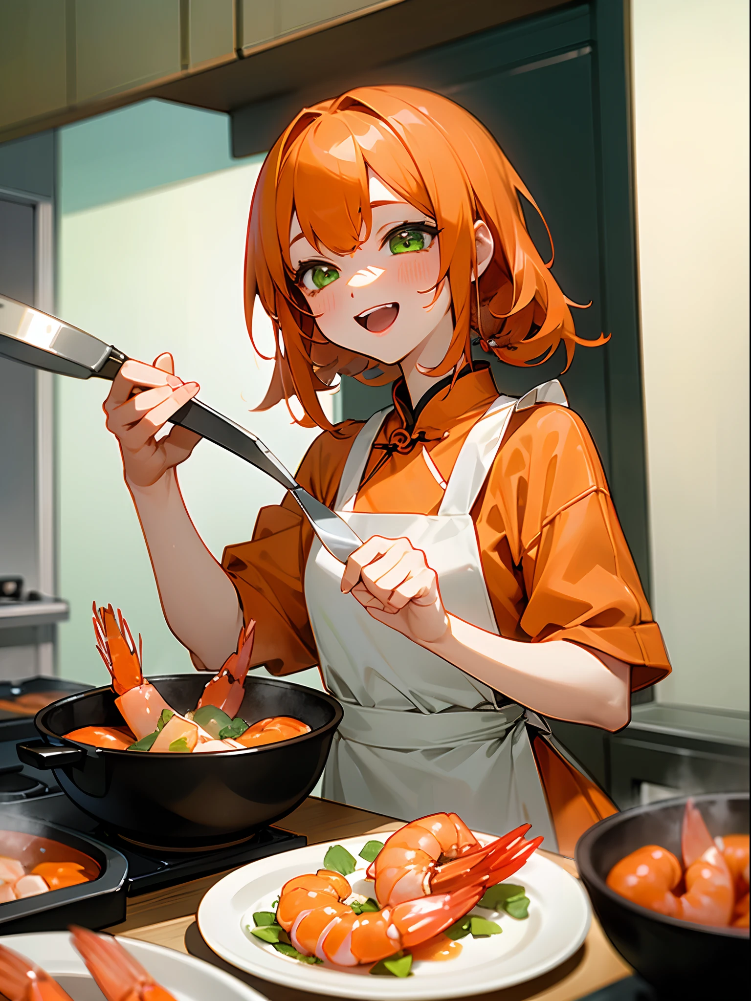 1 girl、Anime style painting、Cute shrimp woman cooking delicious food in the kitchen、Orange Hair、ponytail、Beautiful red eyes、smile、fun、From the side、Upper body close-up、Sharp contours、Background Blur、Depth of written border