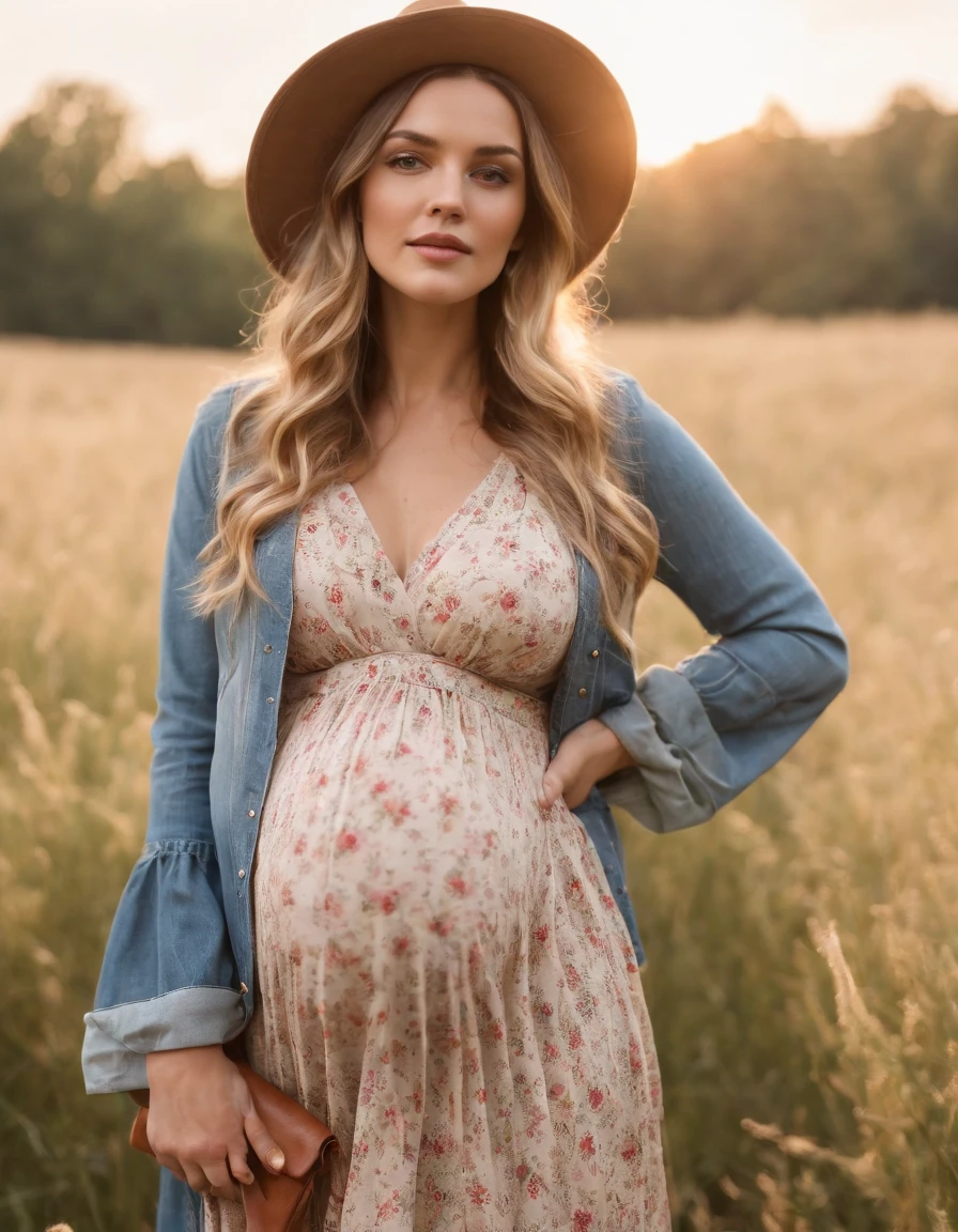an up close photo of a pregnant woman dressed in bohemian-inspired fashion, wearing a flowy maxi dress with floral prints, layered with a denim jacket and accessorized with a floppy hat and vintage accessories. Her hair is styled in loose waves or natural curls. The setting is a sunlit park or meadow, with long grass and wildflowers,golden short hair