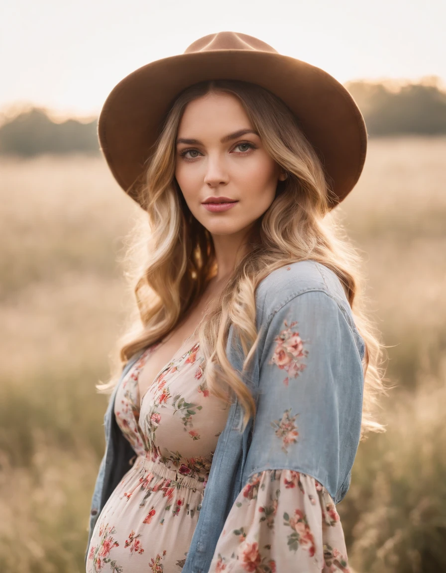 an up close photo of a pregnant woman dressed in bohemian-inspired fashion, wearing a flowy maxi dress with floral prints, layered with a denim jacket and accessorized with a floppy hat and vintage accessories. Her hair is styled in loose waves or natural curls. The setting is a sunlit park or meadow, with long grass and wildflowers,golden short hair
