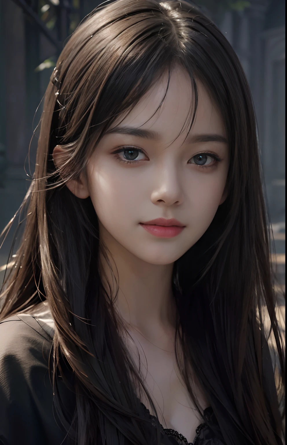 (Ultra Realistic), (Illustration), (Increased Resolution), (8K), (Extremely Detailed), (Best Illustration), (Beautiful and Detailed Eyes), (Best Quality), (Ultra Detailed), (Masterpiece ), ( wallpaper), (detailed face), solo, 1 girl, looking at viewer, fine details, detailed face, in the dark, deep shadows, low key, pureerosfaceace_v1, smiling, long hair, black shawl straight hair , 46 points oblique bangs