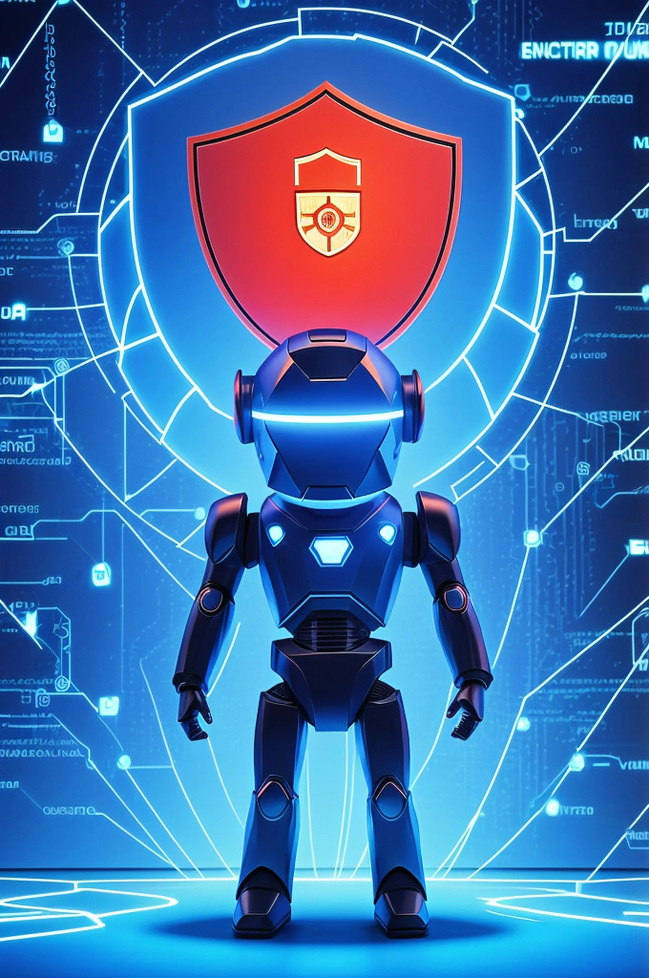 Cybersecurity advocacy，There is a small robot in the picture，Shield in hand，Protect against external cyberattacks，blue backdrop，Tech style，Behind him is a vast web of data streams