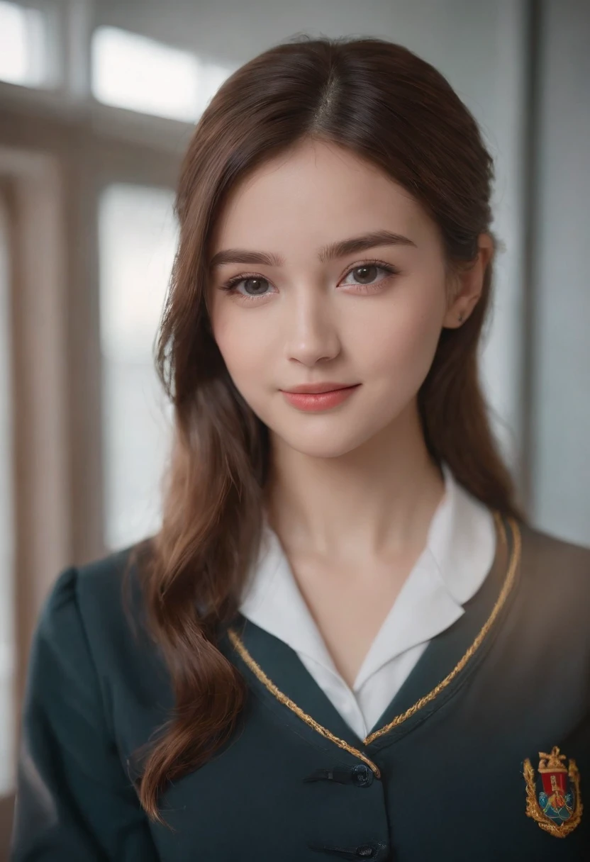 1girl in,8K, Raw photography, top-quality, masterpiece, realisitic, Photorealsitic, A smile, Schoolgirl Uniform, Pretty beauty,High School Classroom, The upper part of the body,