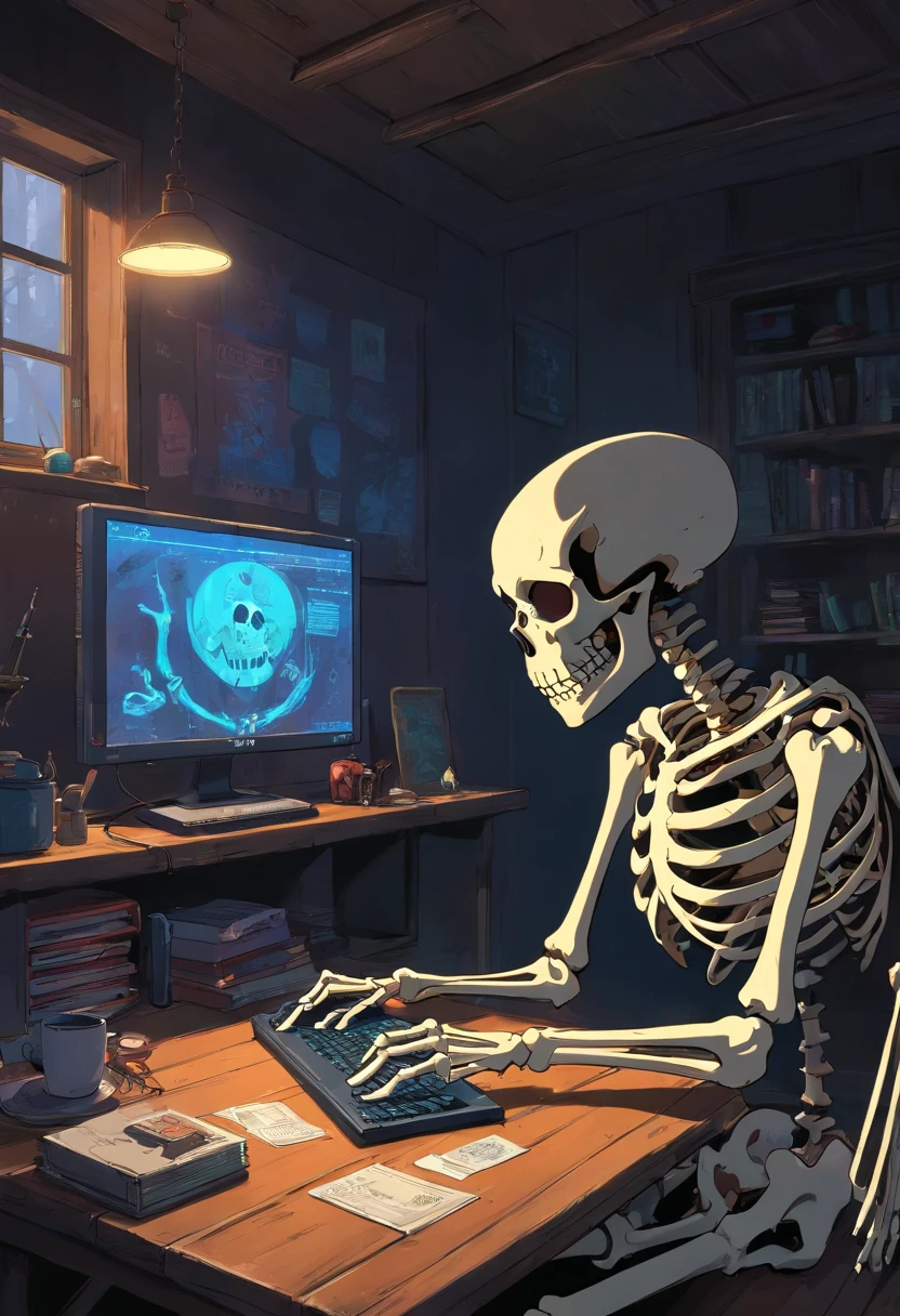 A skeleton with a black hood streams a game on a computer in a dark, empty room
