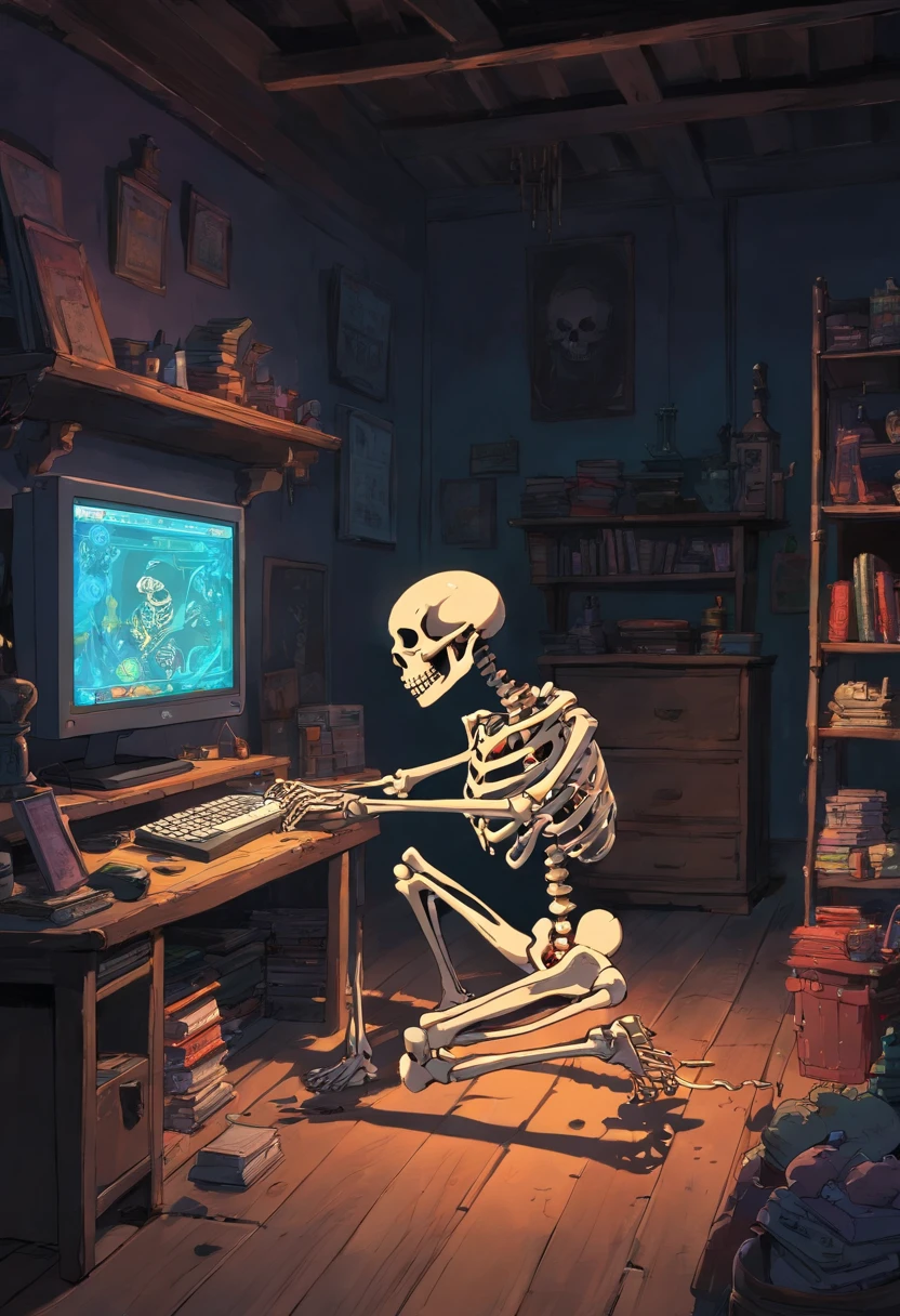 A skeleton with a black hood streams a game on a computer in a dark, empty room