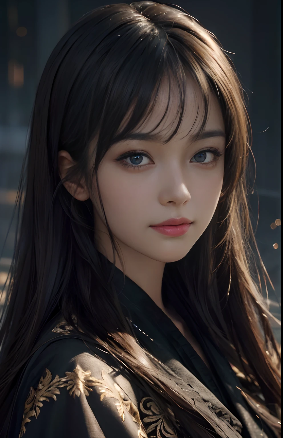 (Ultra Realistic), (Illustration), (Increased Resolution), (8K), (Extremely Detailed), (Best Illustration), (Beautiful and Detailed Eyes), (Best Quality), (Ultra Detailed), (Masterpiece ), ( wallpaper), (detailed face), solo, 1 girl, looking at viewer, fine details, detailed face, in the dark, deep shadows, low key, pureerosfaceace_v1, smiling, long hair, black shawl straight hair , 46 points oblique bangs