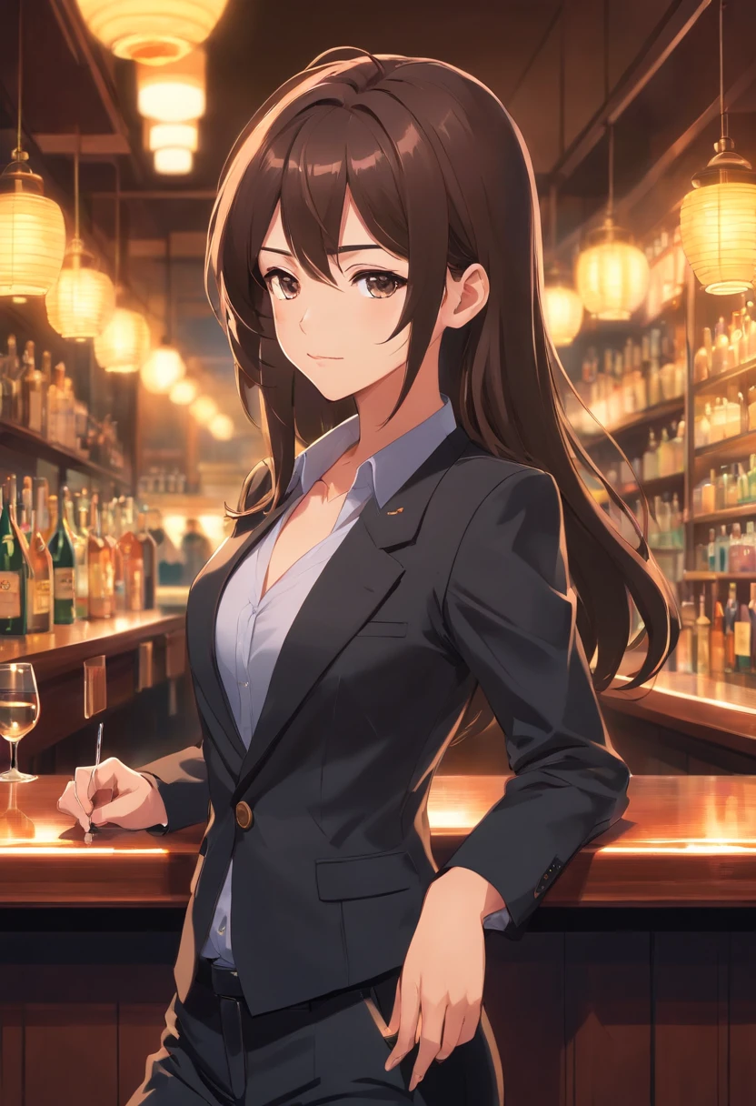 mature female with dark brown long hair, Wear a black business vest, wear black business pants, assis au bar, Lampes UV