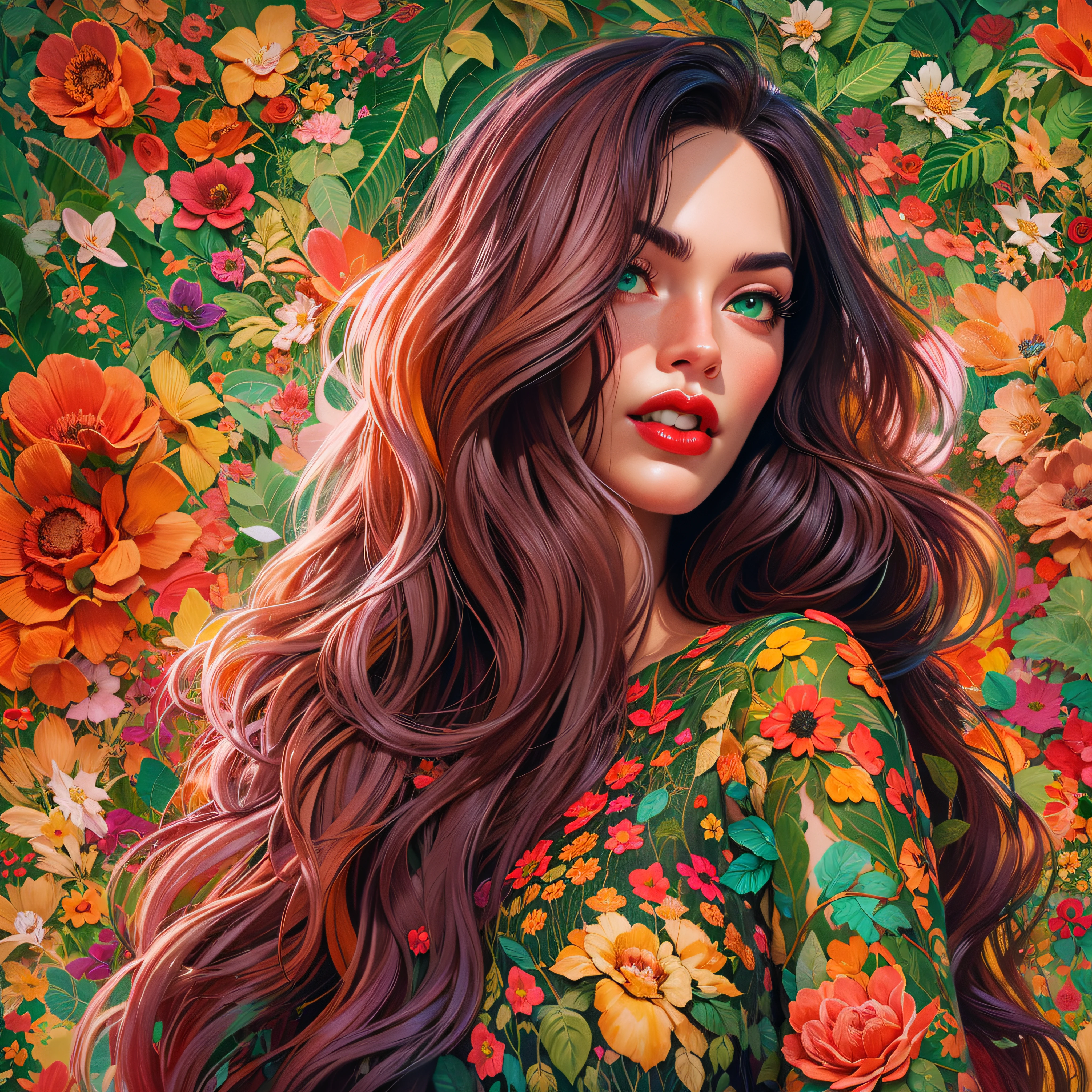 a painting of a woman in a floral dress with long hair, in style of digital illustration, beautiful art uhd 4 k, Megan Fox red lips, green eyes colorful portrait, beautiful gorgeous digital art, stunning digital illustration, gorgeous digital art, colorfull illustration, beautiful digital illustration, beautiful digital artwork, exquisite digital illustration, a beautiful artwork illustration, colorful illustration, art of alessandro pautasso