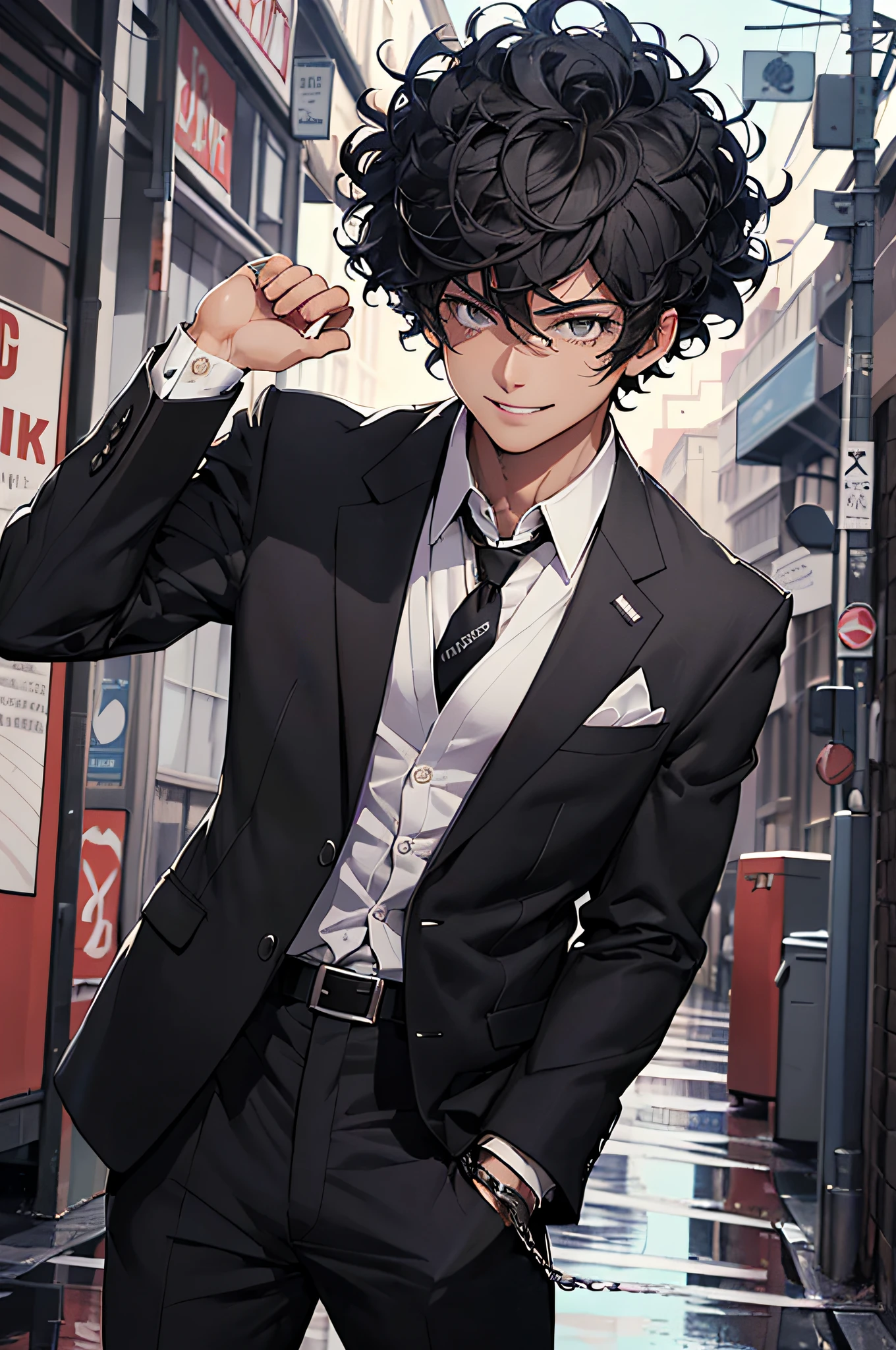 best quality,masterpiece,original,extremely detailed wallpaper,looking at viewer,1boy,solo,male,male focus,black hair,curly hair,spiky hair,hair over eyes,seductive_smile,bags_under_eyes,white shirt,black necktie,blazer,short pants,bandaged_arm,chain,standing,