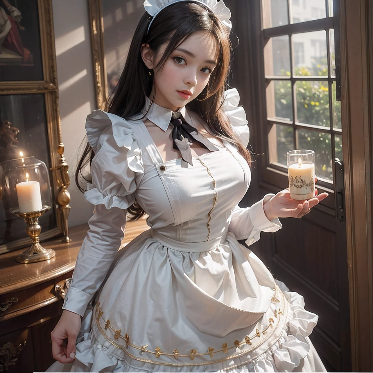 ((best Quality: 1.4)), (Unparalleled Masterpiece), (Ultra High Definition) , (Ultra Realistic 8k CG),(half body image from head to thigh),(ultra detailed),(maid ),(art by Jean Baptiste Monge), highly detailed maid clothes, half_apron ,stunningly beautiful , highly detailed beautiful hair , highly detailed hairstyle, cinematic, happy ,in old western house, candle lighting, Use a backlighting effect to add depth to the image, Anisotropic Filtering, Depth of Field, Maximum clarity and sharpness, ,8 life size , thicc body:0.8 ,perfect anatomy , symmetrical and balanced, beautiful gradient , sharp focus, golden ratio, Centered image, Beautiful Composition,