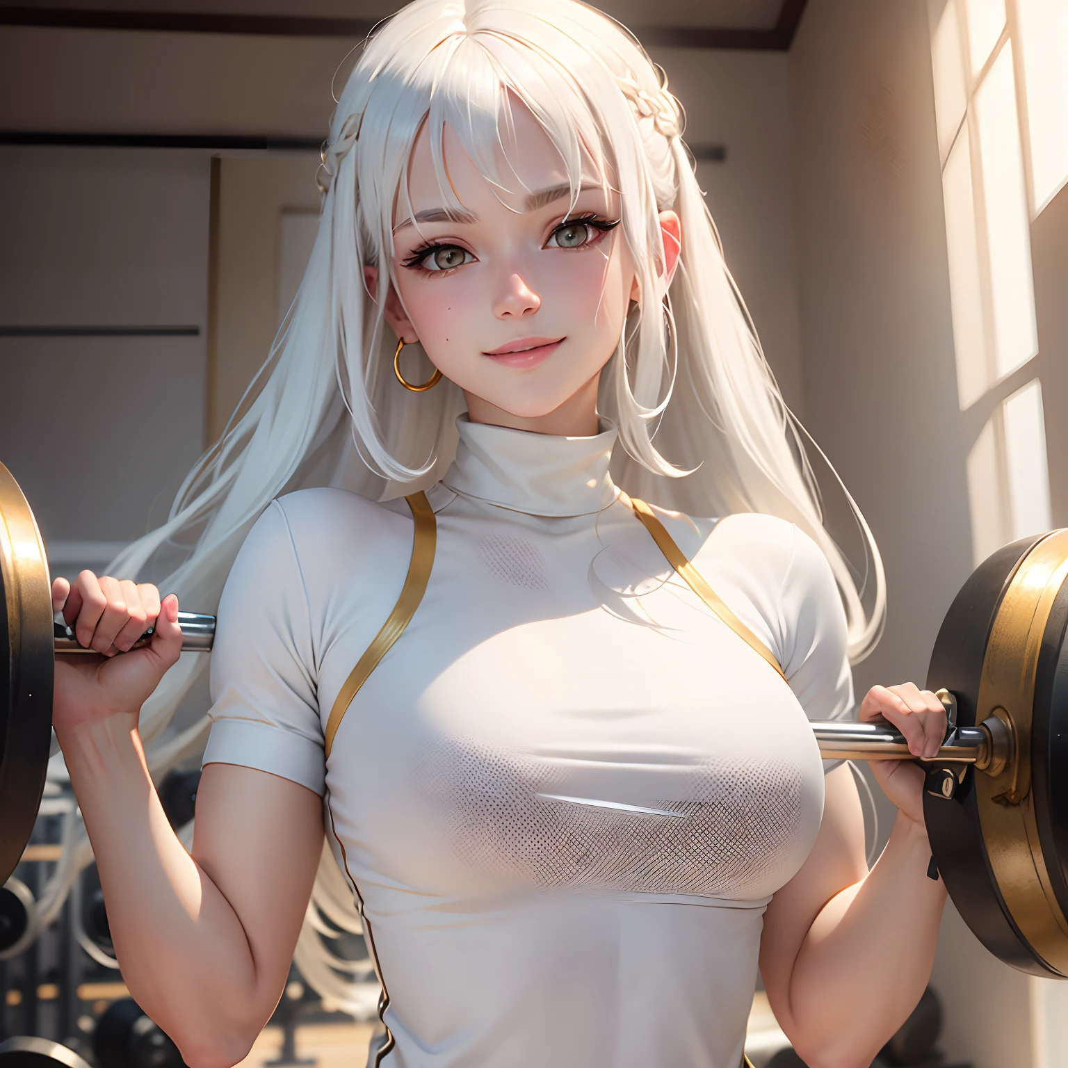 best quality, white hair, gold eyes, white clothes, looking up, upper body, hair strand, Fair skin, smiling, training gym