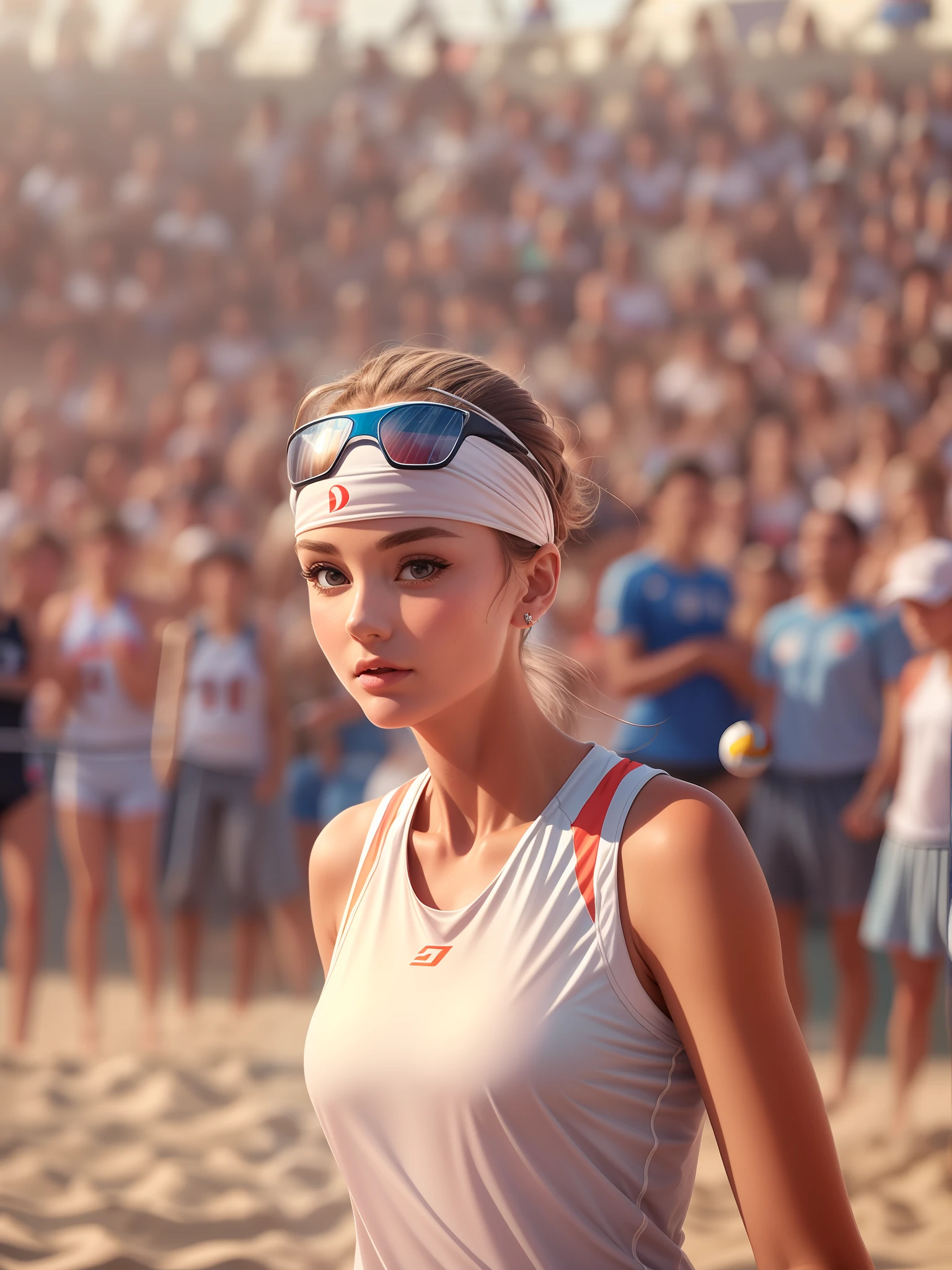 Modern Audrey Hepburn wears a stylish volleyball jersey, at beach volleyball field tournament, sweaty, energentic, detailed face, insanely detailed and intricate, volumetric lighting, spectators crowd at background, professional masterpiece photo realistic digital illustration by frank Bellamy, octane render