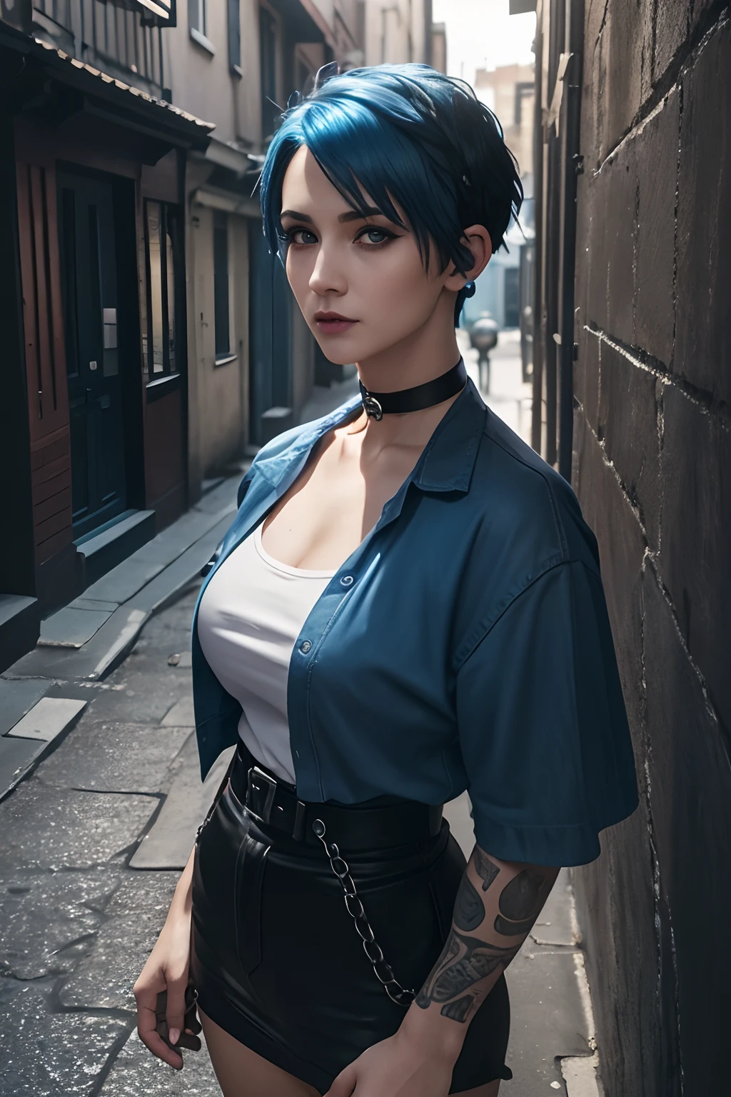 1 woman, (standing), (full body), European, realistic photo, (30 years), ((undercut blue hair)), (emo blue hair), undercut hair, (big nose), adult lady, mature lady, (black eye-liner), ((dark eyes)), ((light Blue Hair)), ((undercut Hair)), (black choker), (goth),fair white skin, perfect pale skin, (centered), (film grain: 1.4, hyper-realistic: 1.5), around dark, deep shadow, Discreet key, realism, detailed face, ((In alley)), (waiting for someone),