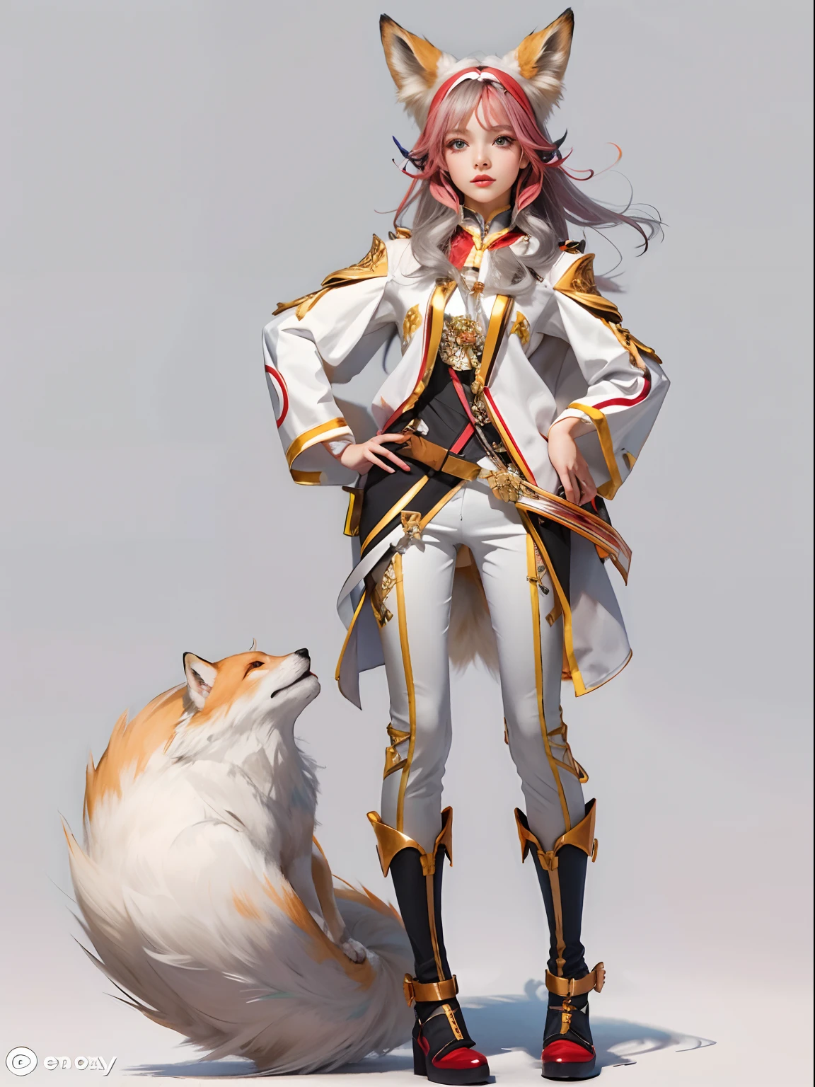 profile,Charter layout,full bodyesbian,Stand and pay attention,view the viewer,putdownhands,Fox girl,Flashy clothes,Detail Clothing,White background,