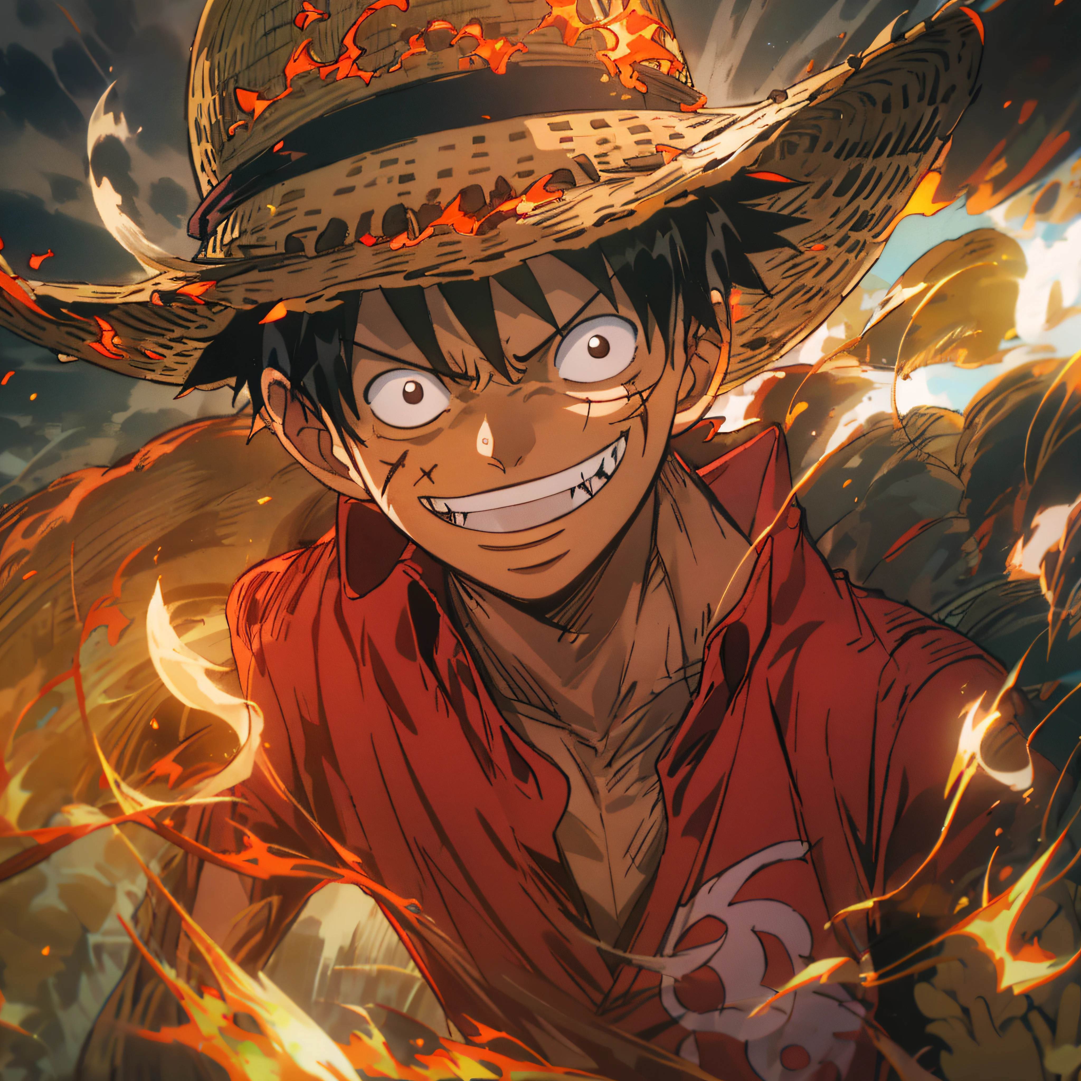 1boys, wanostyle, monkey d luffy, Smiling, Straw hat, look viewer, 独奏, Upper body, ((masterpiece)), (Best quality), (Extremely detailed), Depth of field, sketch, dark intensive shadows, Sharp focus quality, hdr, Colorful, Good composition, There were fires all around, spectacular, Closed shirt, Anime screenshots, Scars under the eyes, getting ready to fight, Dark eyes,deep of field,Sea backgroun,ship,sunrays,Red clothes,