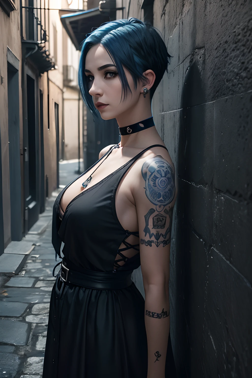 1 woman, (standing), (full body), European, realistic photo, (30 years), ((undercut blue hair)), (emo blue hair), undercut hair, (big nose), adult lady, mature lady, (black eye-liner), ((dark eyes)), ((light Blue Hair)), ((undercut Hair)), (black choker), (goth),fair white skin, perfect pale skin, (centered), (film grain: 1.4, hyper-realistic: 1.5), around dark, deep shadow, Discreet key, realism, detailed face, ((In alley)), (waiting for someone),
