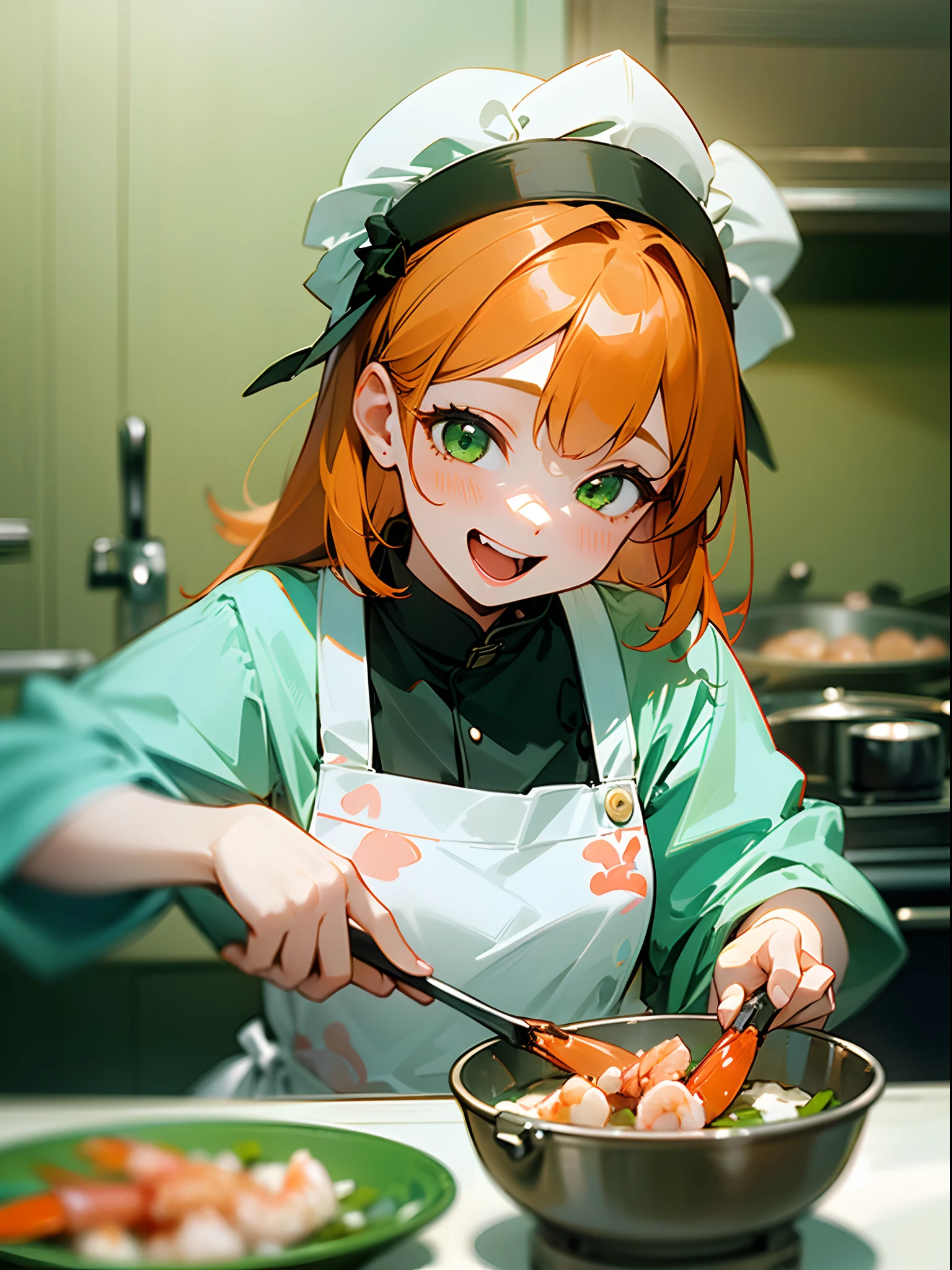 (1girl in、独奏、Competing Art、Orange hair、Green eyes、Laugh、Cooking in the kitchen、Cooking shrimp on a plate)