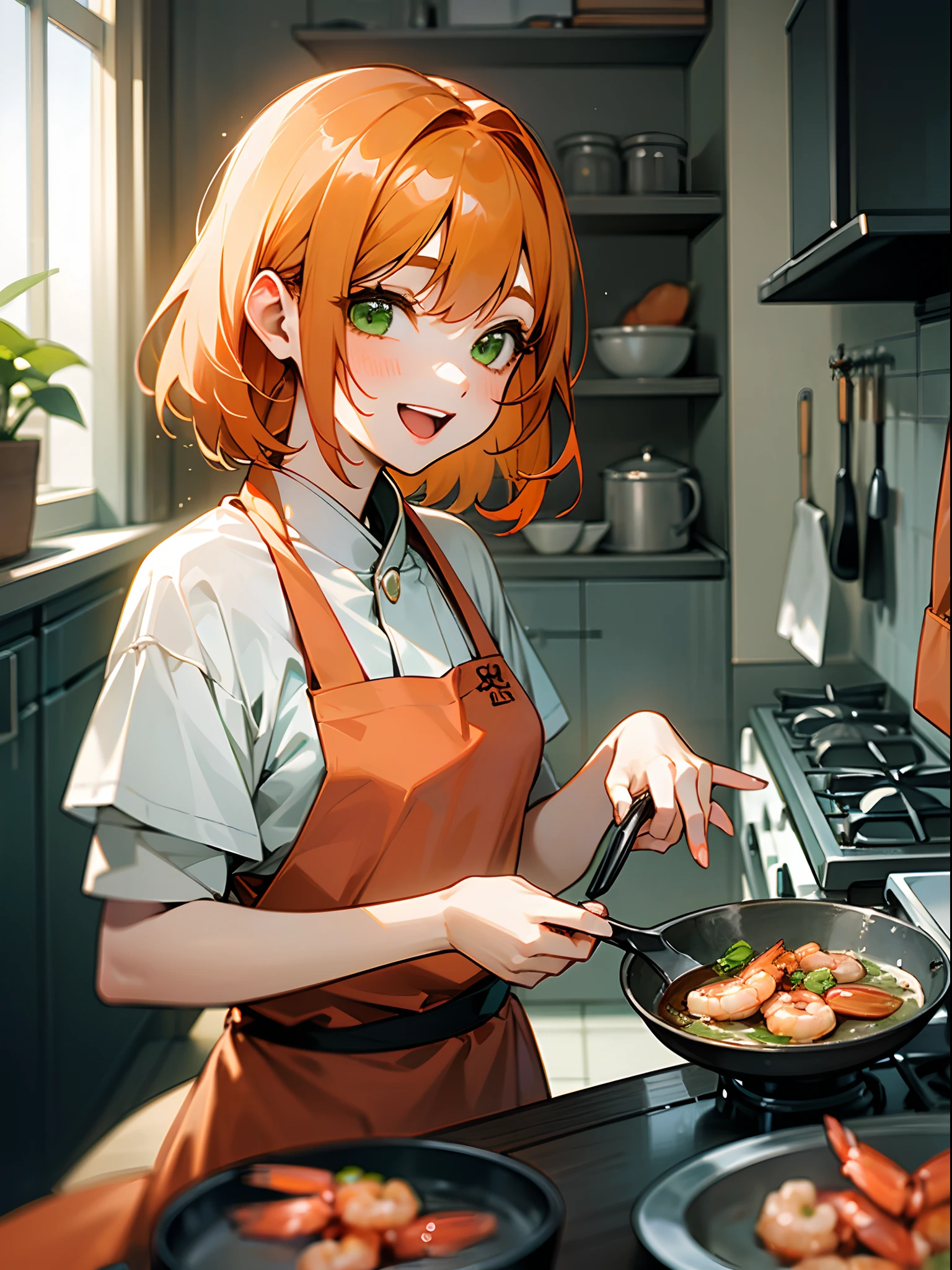 High quality anime paintings、Cute shrimp woman is cooking delicious food in the kitchen、Glowing orange hair、ponytail、Round red eyes、From the side、Tunic、apron、Wicked Smile、Upper body close-up