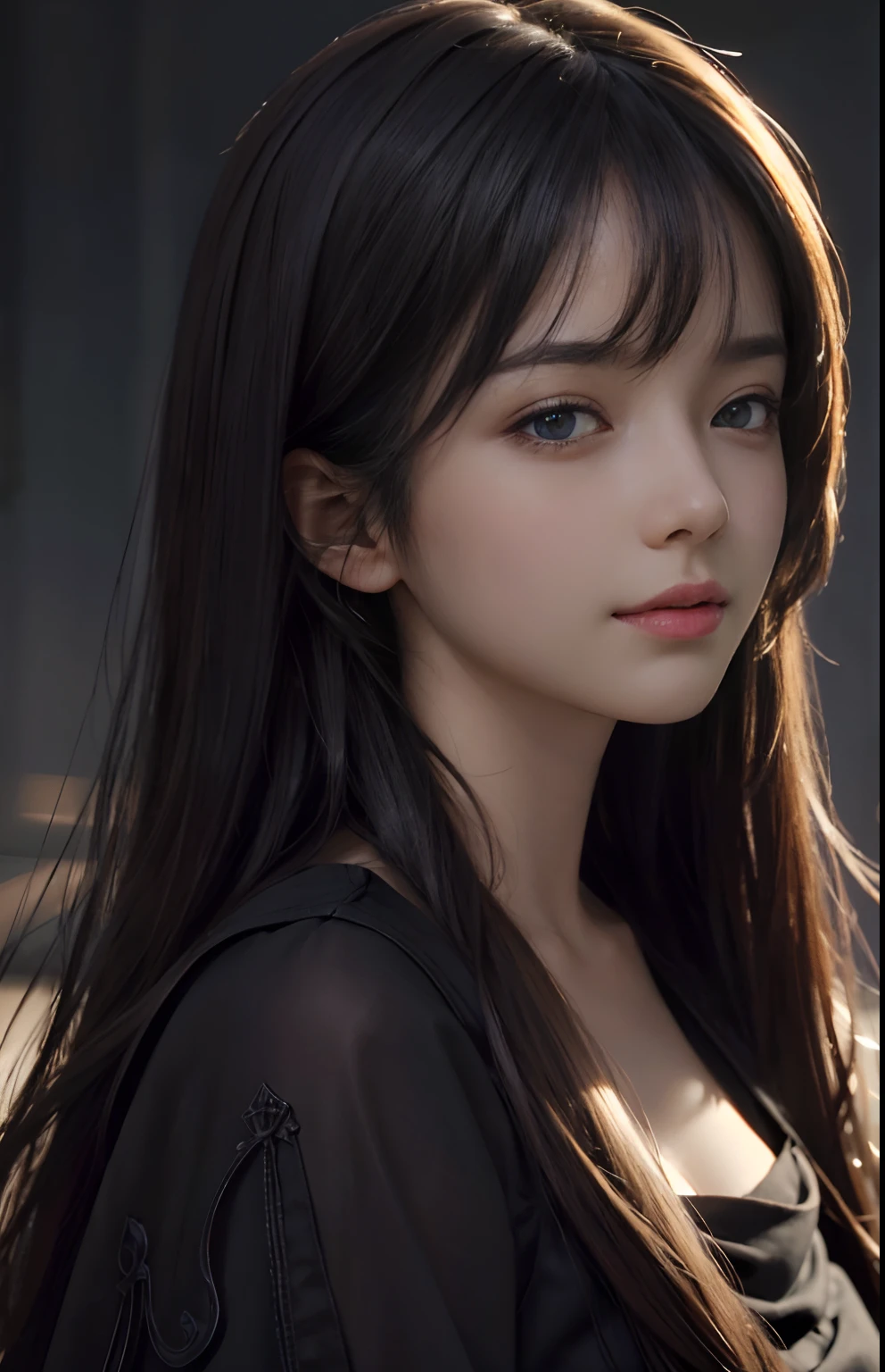 (Ultra Realistic), (Illustration), (Increased Resolution), (8K), (Extremely Detailed), (Best Illustration), (Beautiful and Detailed Eyes), (Best Quality), (Ultra Detailed), (Masterpiece ), ( wallpaper), (detailed face), solo, 1 girl, looking at viewer, fine details, detailed face, in the dark, deep shadows, low key, pureerosfaceace_v1, smiling, long hair, black shawl straight hair , 46 points oblique bangs
