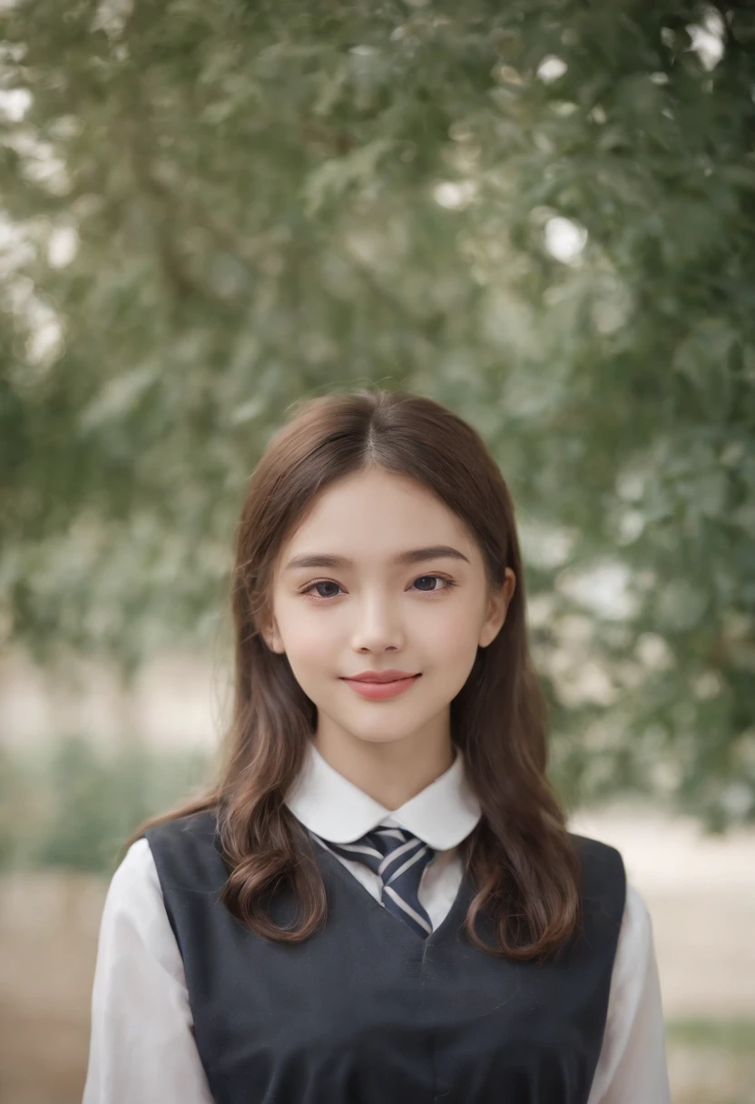 1girl in,8K, Raw photography, top-quality, ​masterpiece, realisitic, Photorealsitic, A smile, Schoolgirl Uniform, Pretty beauty，High School Classroom, The upper part of the body,