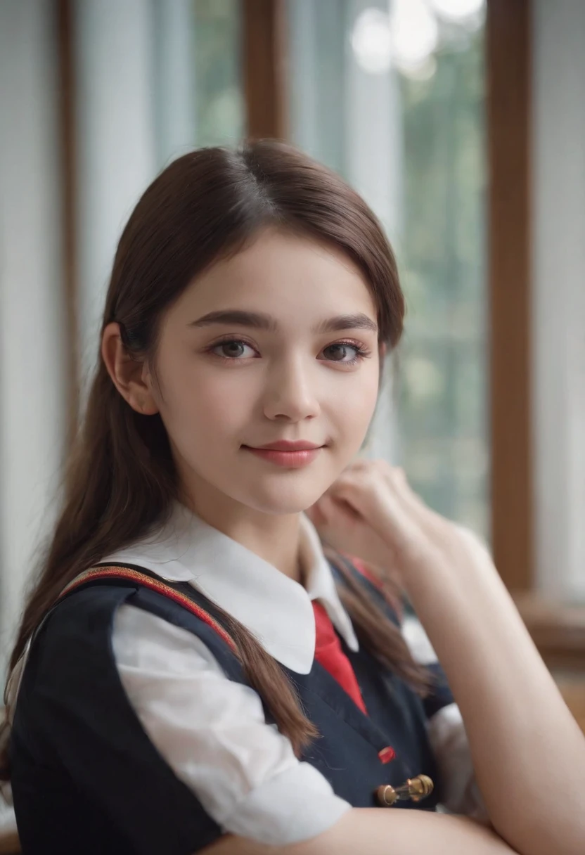 1girl in,8K, Raw photography, top-quality, masterpiece, realisitic, Photorealsitic, A smile, Schoolgirl Uniform, Pretty beauty,High School Classroom, The upper part of the body,