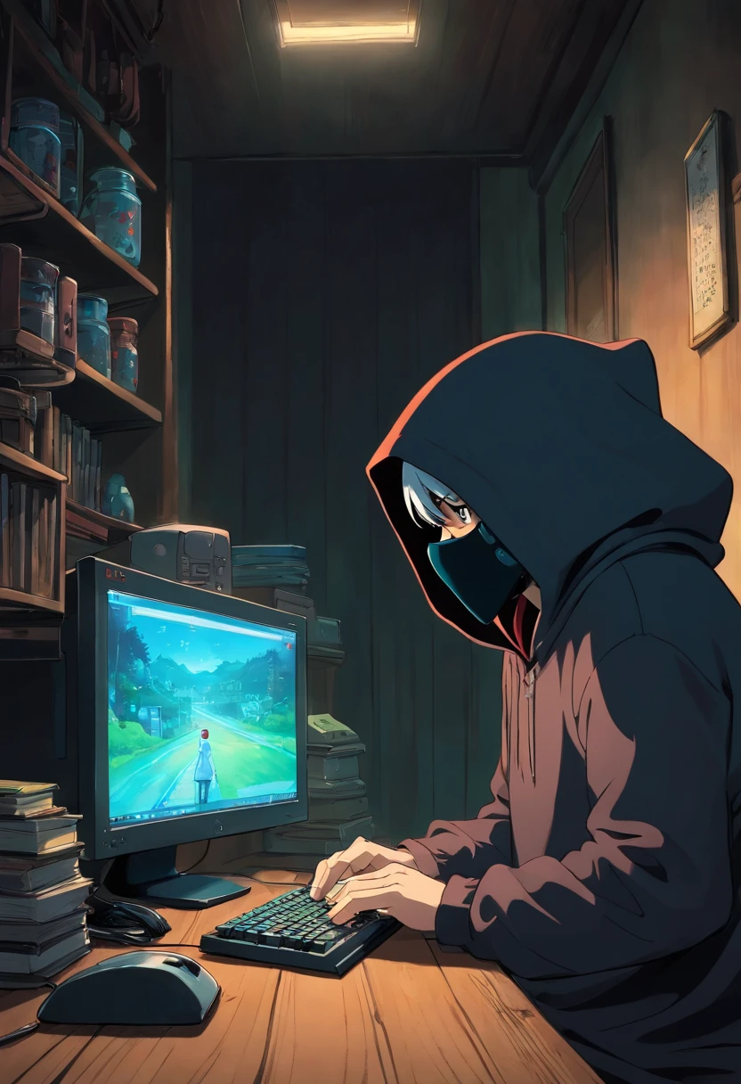 A man without a face in a black hood streams a game on a computer in a dark, empty room