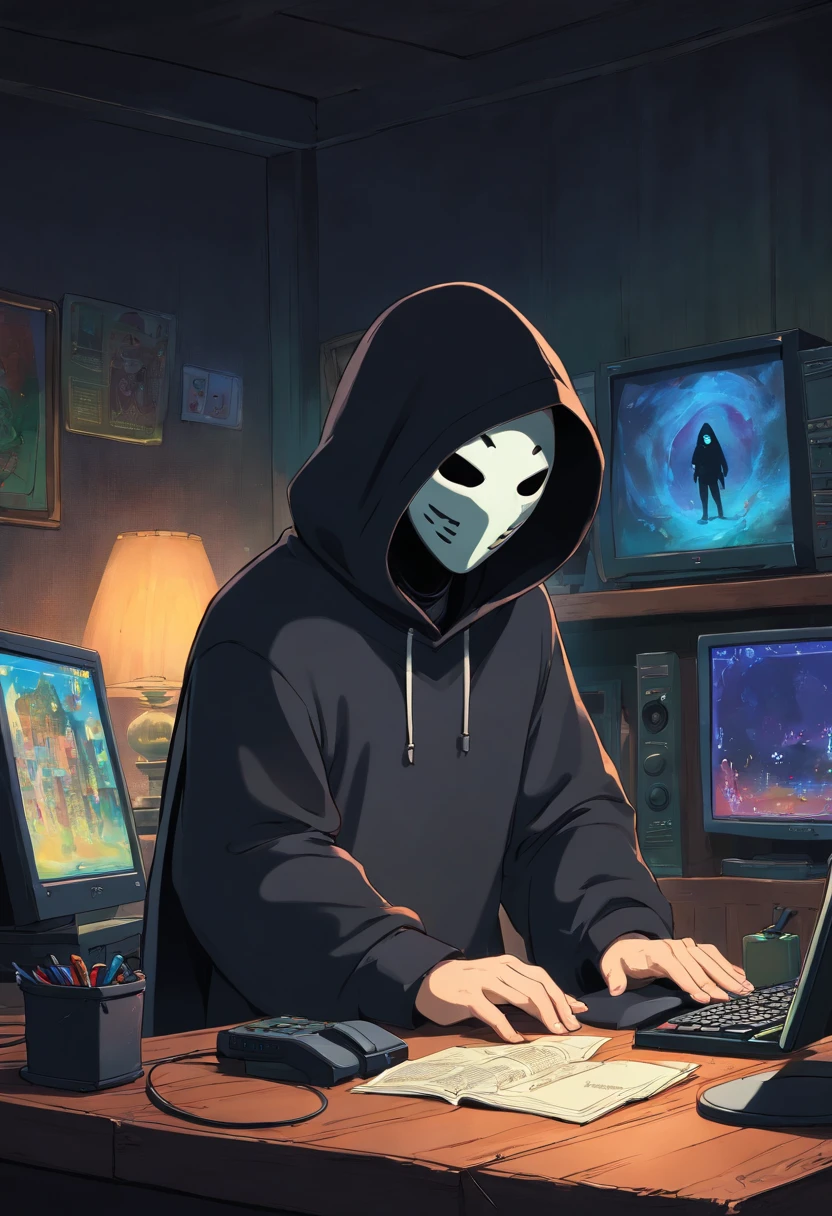 A man without a face in a black hood streams a game on a computer in a dark, empty room