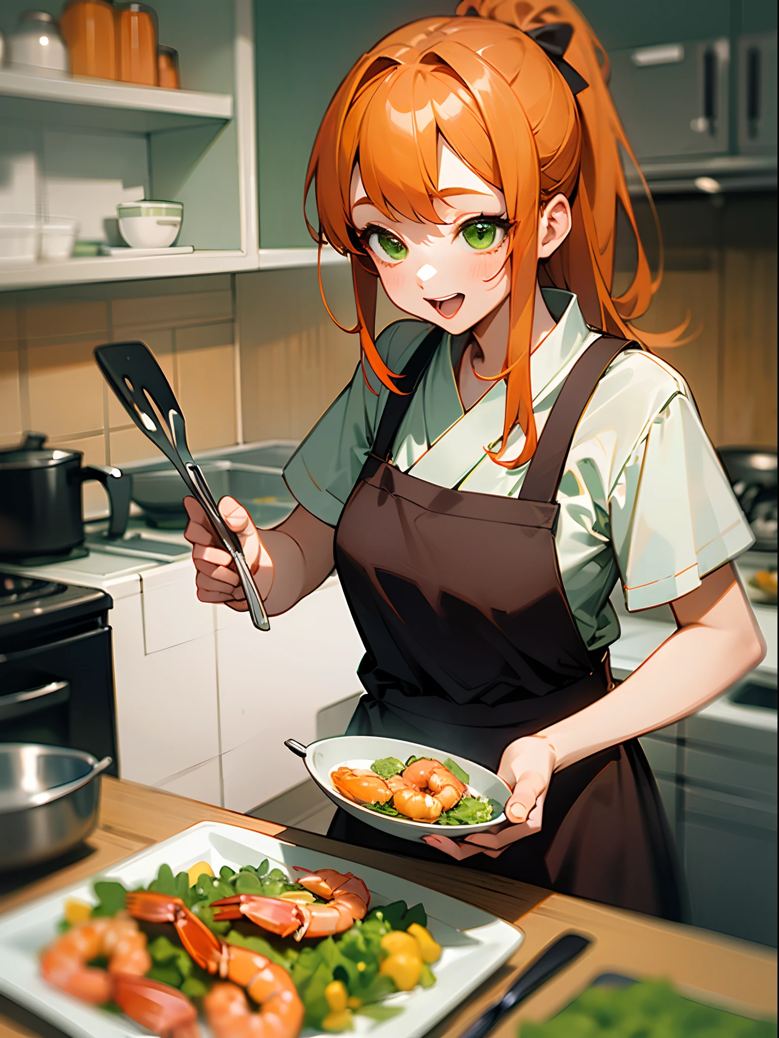 beautiful red head with a pony tail in a sci fi waitress uniform, with green eyes smiling