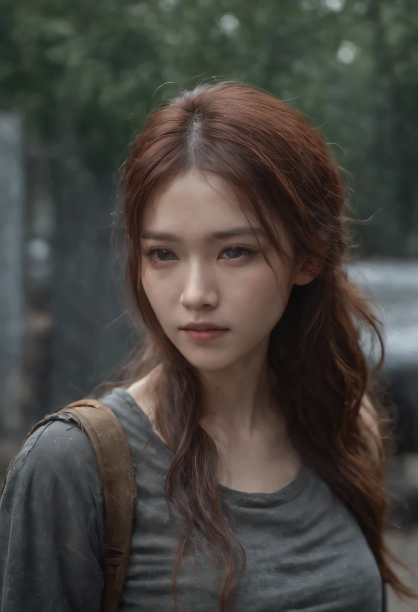 A breathtakingly beautiful girl, Radiant and charming eyes, Cold and intense, Long flowing hair, Sweaty body, Post-apocalyptic punk shirt, Short shorts, boot, Ultra photo realsisim, Realistic, best quality real texture skin, movie atmosphere, Tattered clothes, (Post-apocalyptic punk, Post-apocalyptic fiction), A post-apocalyptic world where buildings collapse, (blood stain), The art of Rei Kurahashi, Haunting and solemn, A beam of light shines through, Illuminate the gloomy environment, (Best quality, Masterpiece, Depth of field, Full-HD, 4K, Richness of detail), Portrait style,Upper body