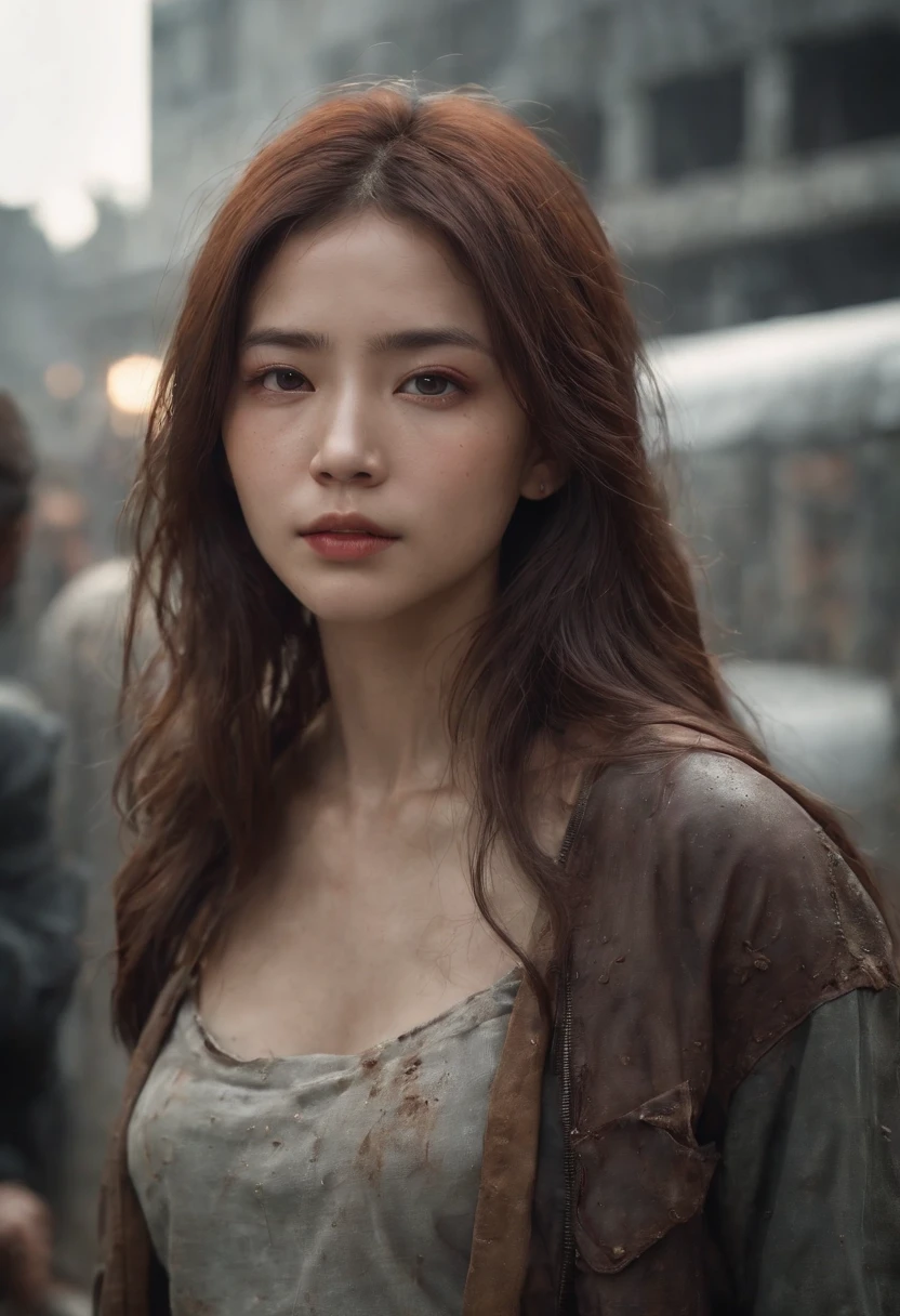 A breathtakingly beautiful girl, Radiant and charming eyes, Cold and intense, Long flowing hair, Sweaty body, Post-apocalyptic punk shirt, Short shorts, boot, Ultra photo realsisim, Realistic, best quality real texture skin, movie atmosphere, Tattered clothes, (Post-apocalyptic punk, Post-apocalyptic fiction), A post-apocalyptic world where buildings collapse, (blood stain), The art of Rei Kurahashi, Haunting and solemn, A beam of light shines through, Illuminate the gloomy environment, (Best quality, Masterpiece, Depth of field, Full-HD, 4K, Richness of detail), Portrait style,Upper body