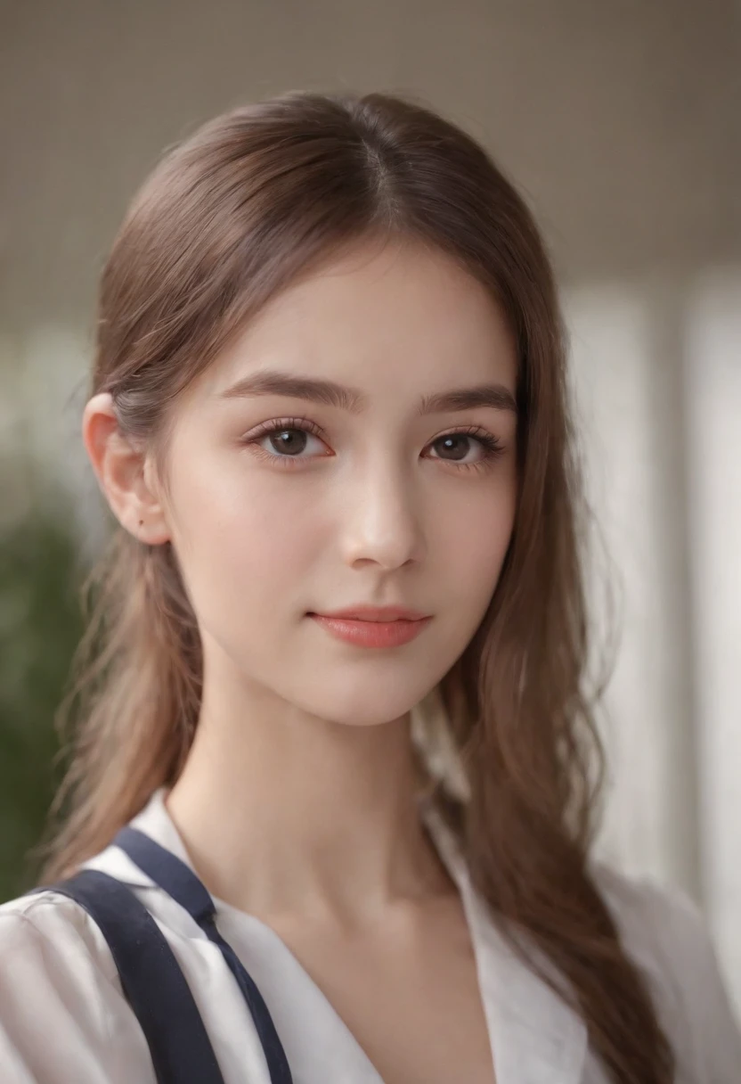 1girl in,8K, Raw photography, top-quality, ​masterpiece, realisitic, Photorealsitic, A smile, Schoolgirl Uniform, Pretty beauty，High School Classroom, The upper part of the body,