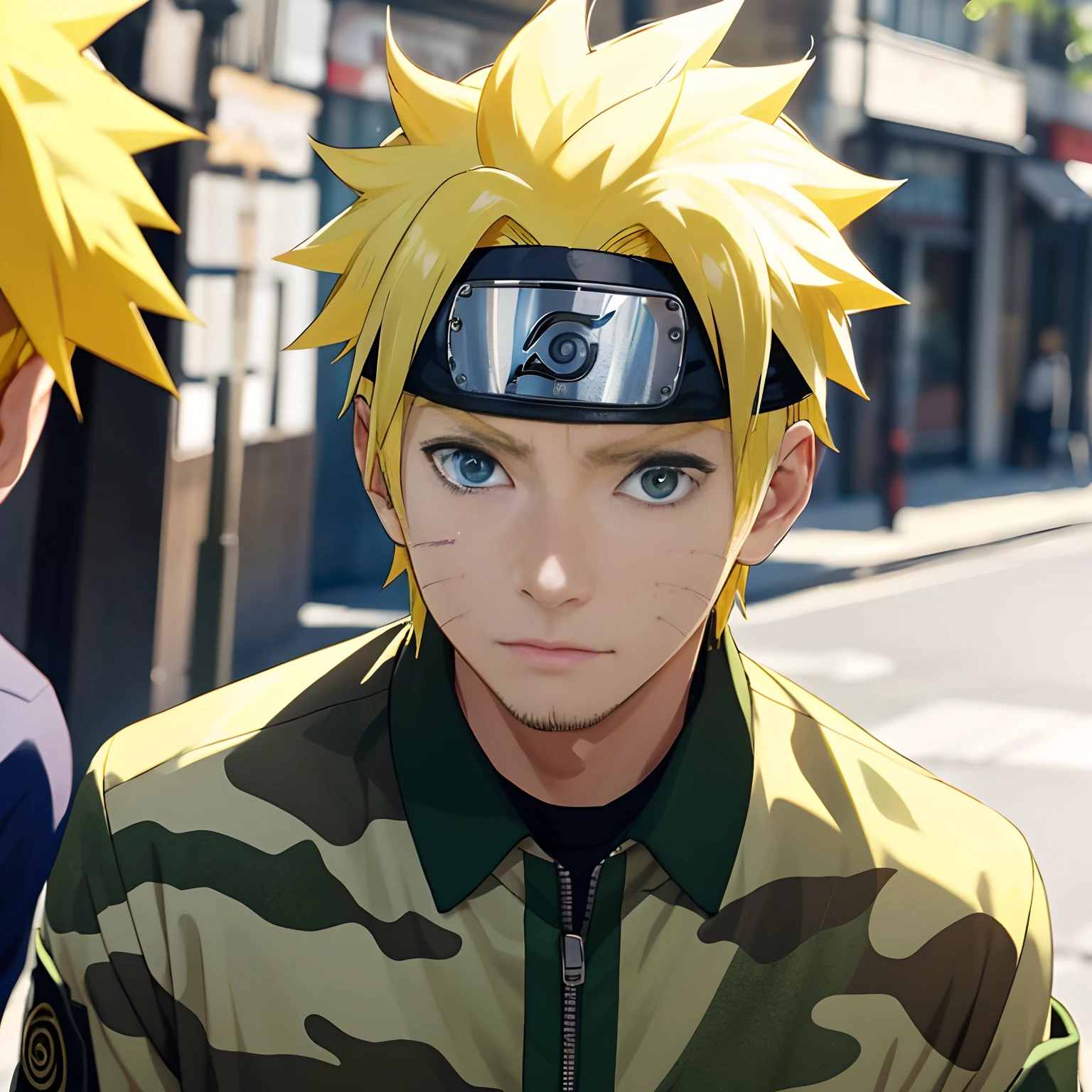 best qualtiy, tmasterpiece, 超高分辨率, detailedbackground, photorealestic, illustratio, Single, 1 boy, Young, Handsome, Mature man, sbeard, swat, the street, musculature, Facial hair, Volumetriclighting, depth of fields, (Green camouflage uniform), Uzumaki Naruto, short yellow hair, blue eyes